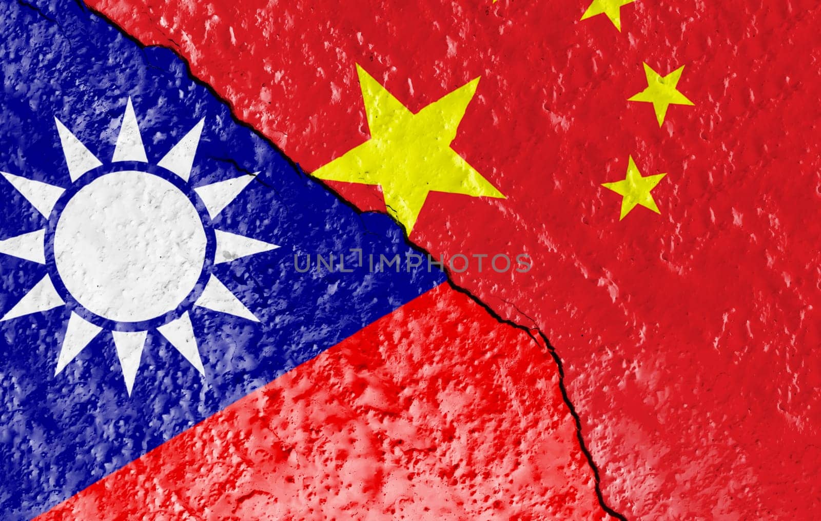 Flags of Taiwan and China separated by a crack in a wall. China and Taiwan have a complex and controversial relationship. Politics and diplomacy