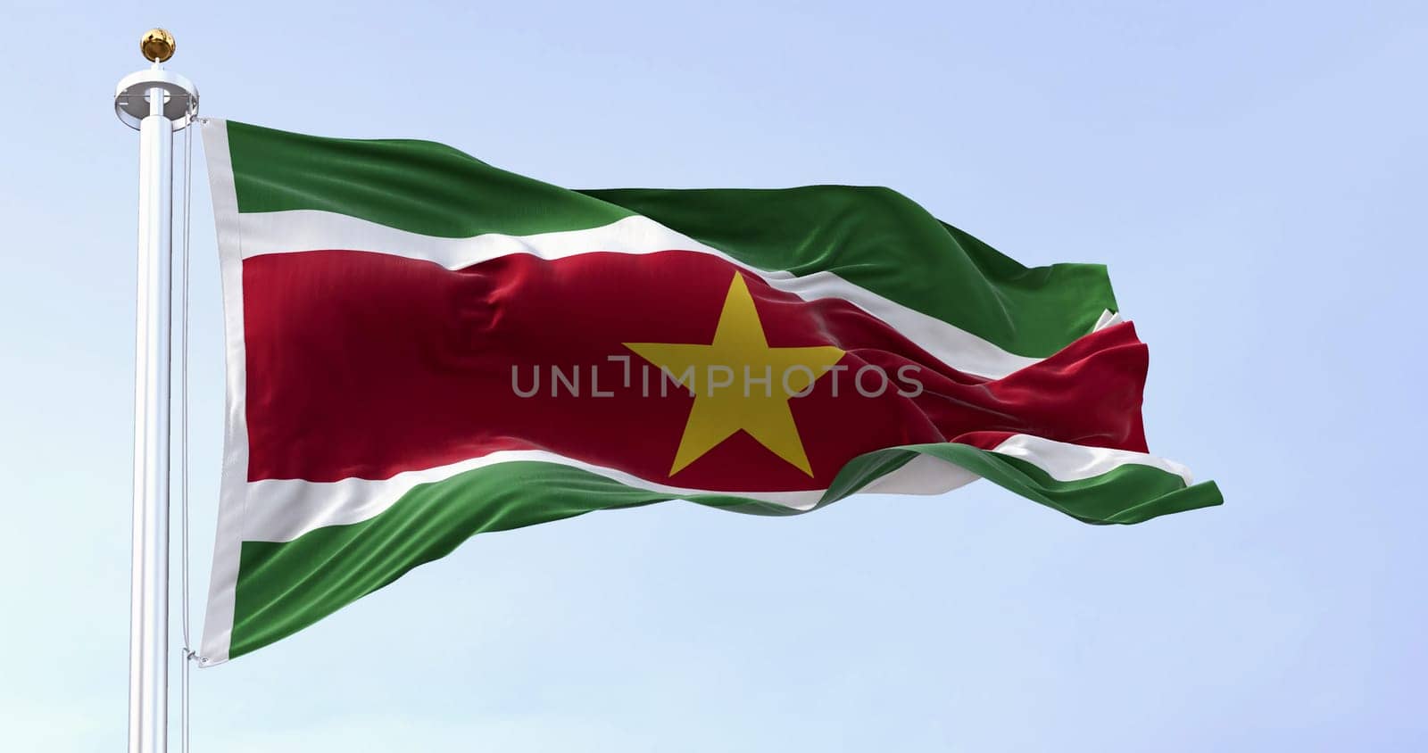 Suriname national flag waving in the wind on a clear day. 5 horizontal bands: green, white, red, white, green, yellow star in the center. 3D illustration render. Fluttering textile