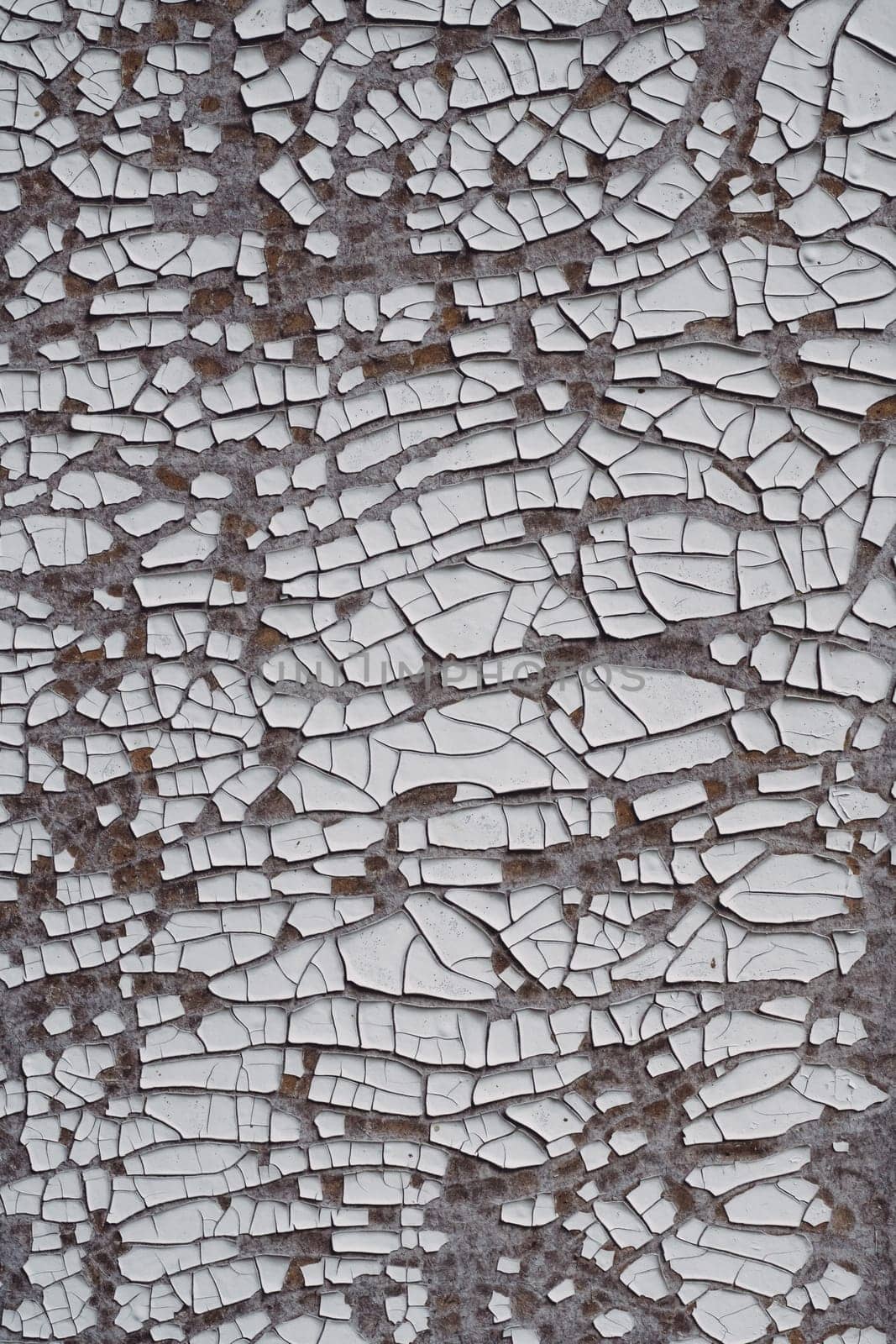 Background texture. Gray surface with white old cracked paint. Top view. Copy space. Vertical