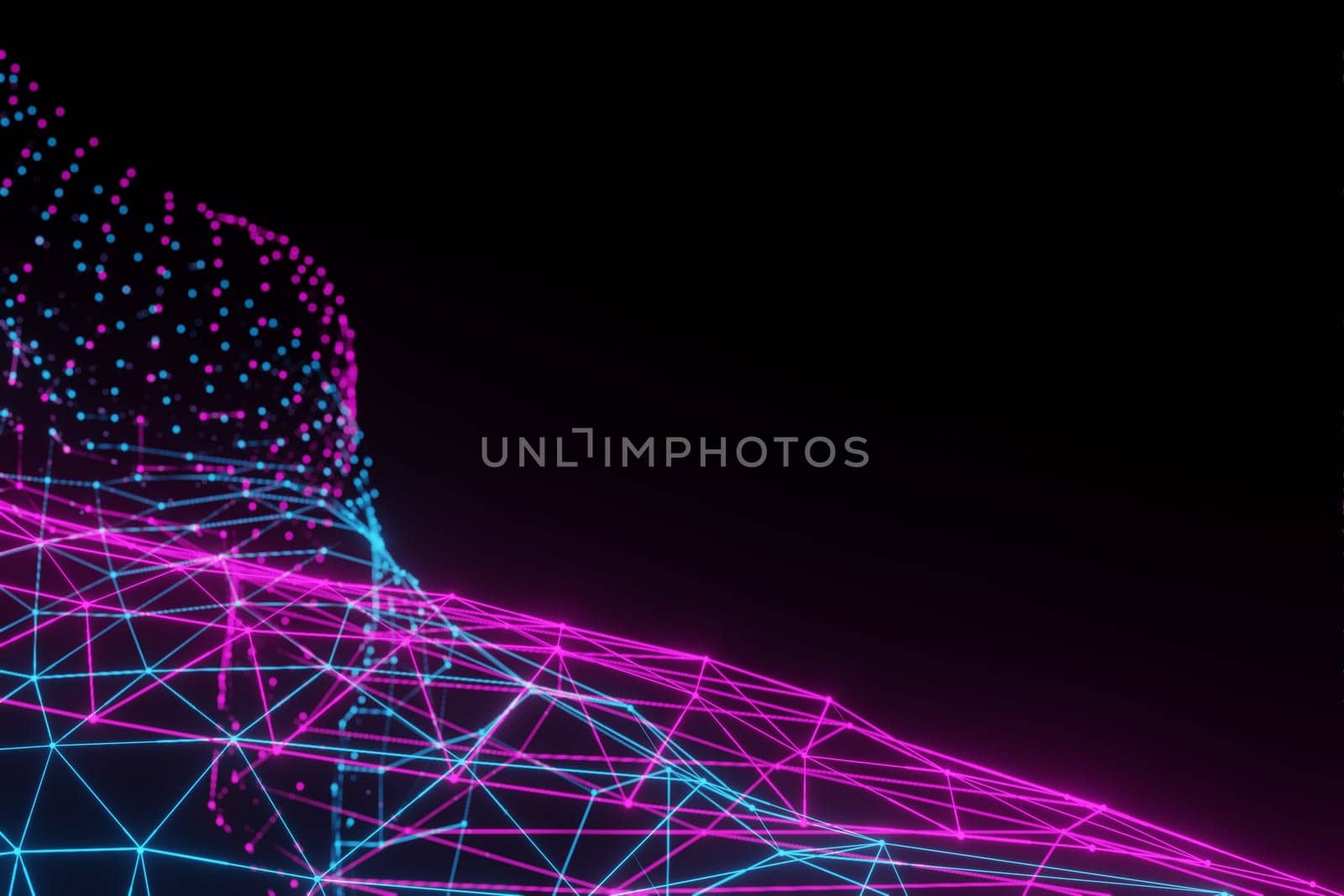 Abstract partially blurred background, polygonal grid of neon pink and blue colors on black background. Copy space. 3d render