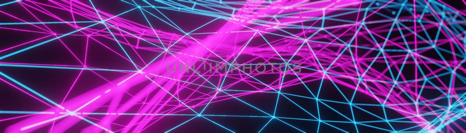 Abstract partially blurred background. Polygonal grid of neon pink and blue colors on black background. Banner. 3d render