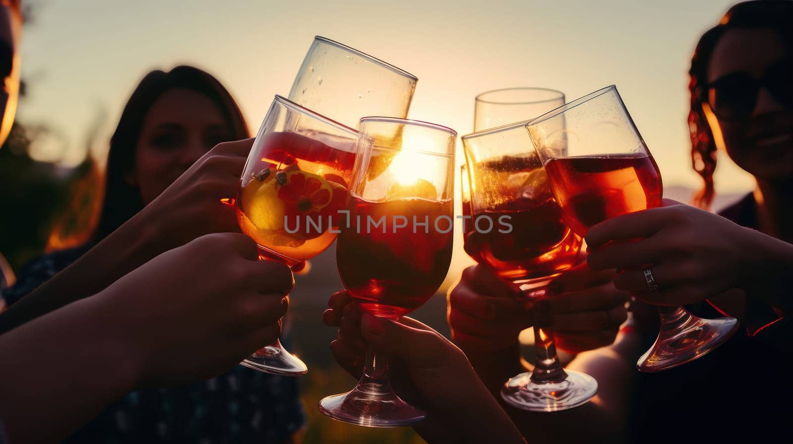 A close-up photo capturing a group of young people raising their glasses in a toast during sunset. The focus is on their hands holding their drinks, with the background slightly blurred, showing other groups of young people socializing in the same area. The image is rich in detail, with intricate patterns on the glasses and colorful drinks. The golden hour light creates a warm and inviting atmosphere, adding to the jovial and relaxed mood of the group.