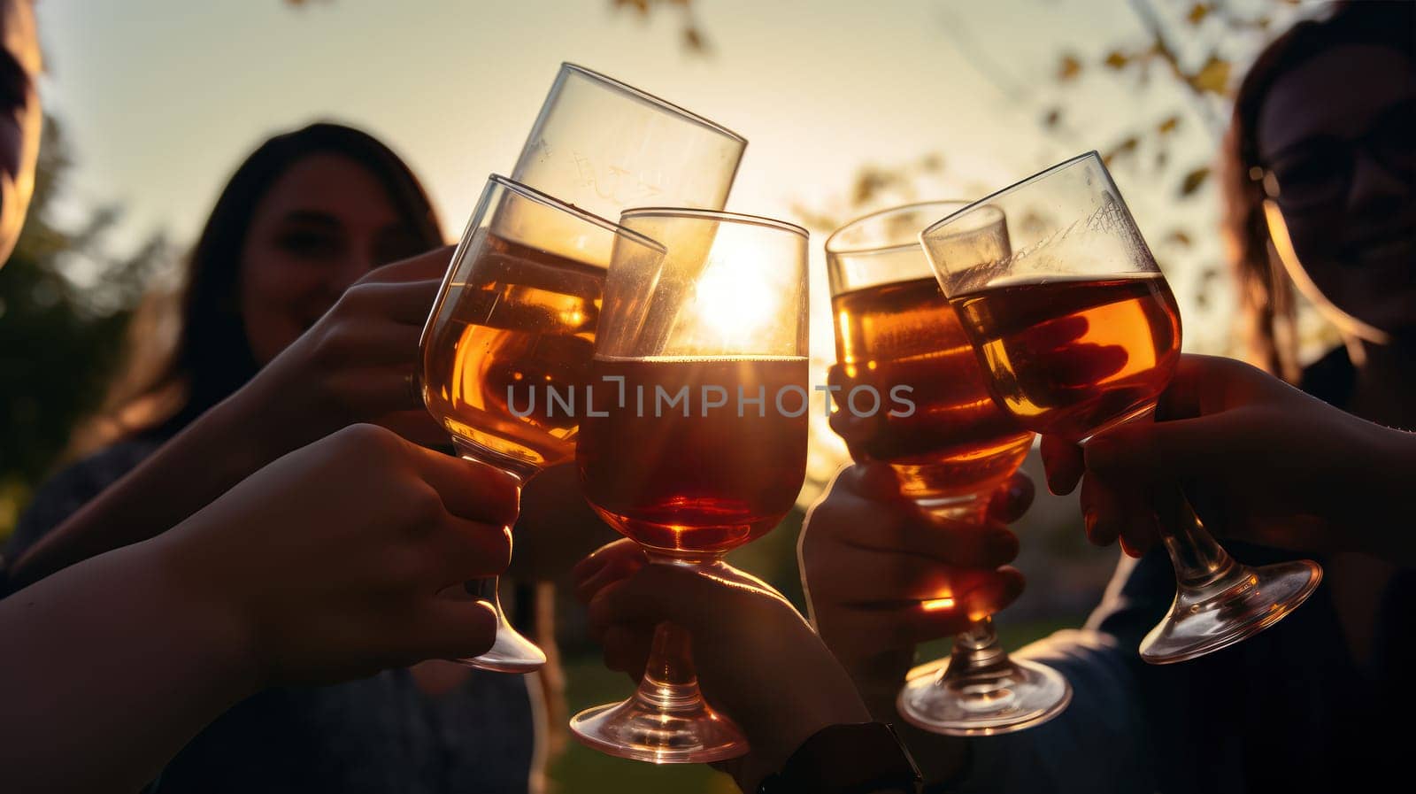 A close-up photo of young people raising their glasses in a toast during the sunset. The focus is on their hands holding colorful drinks with intricate patterns on the glasses, while the blurred background shows other groups socializing. The warm and inviting atmosphere is created by the golden hour light.