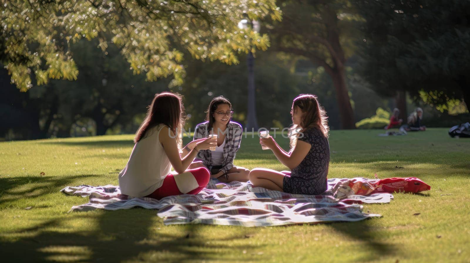 This photo captures a group of young women enjoying a picnic on a grassy meadow in the park. The atmosphere is calm and relaxed, with the group surrounded by the natural beauty of the outdoors. Other groups of friends can be seen in the background, enjoying their own activities.