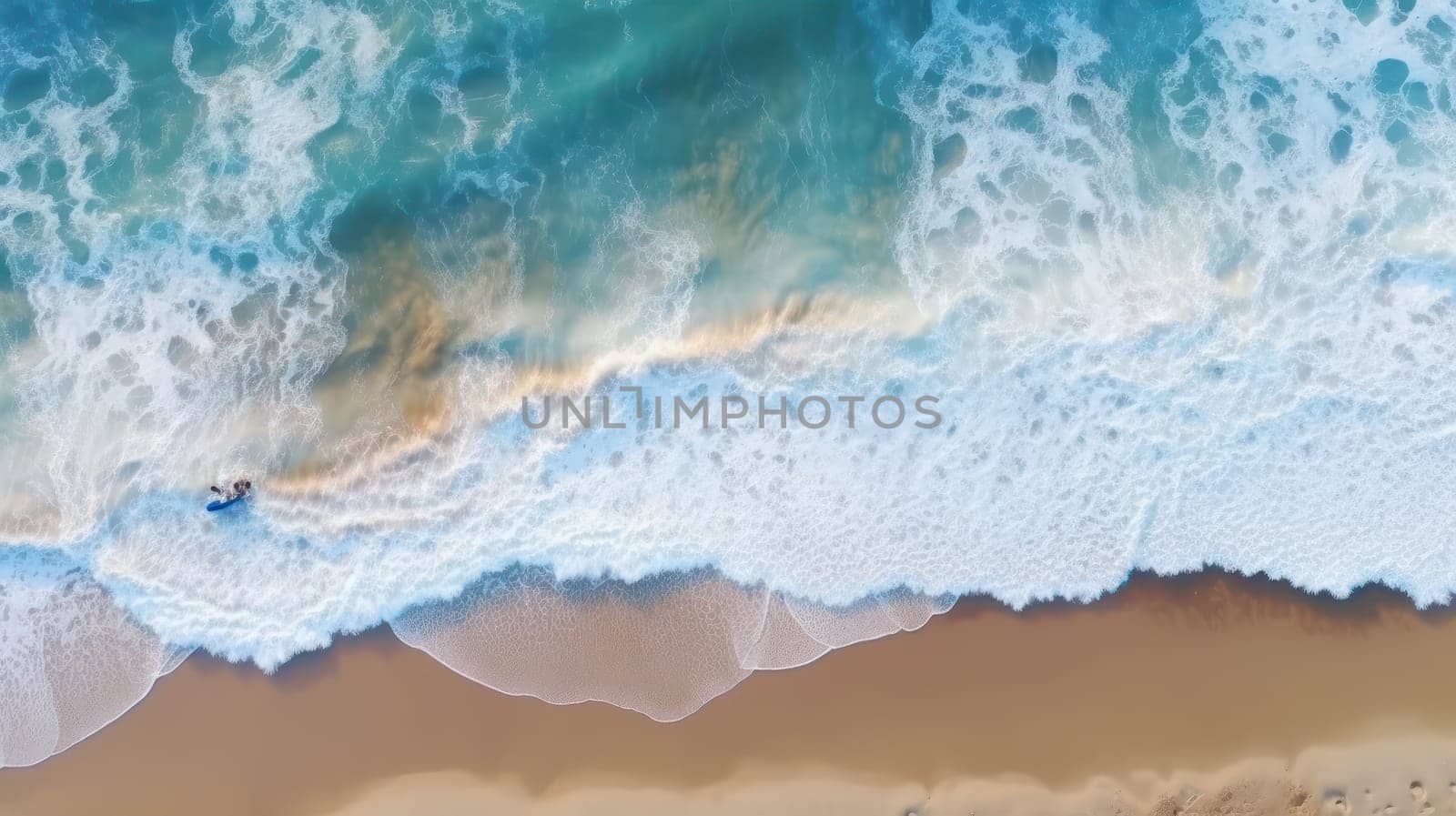 This stunning aerial photograph captures the beautiful natural scenery of an ocean beach with half water and half beach. The blue water, white sand, and waves crashing against the shore create a perfect summer vacation holiday background.
