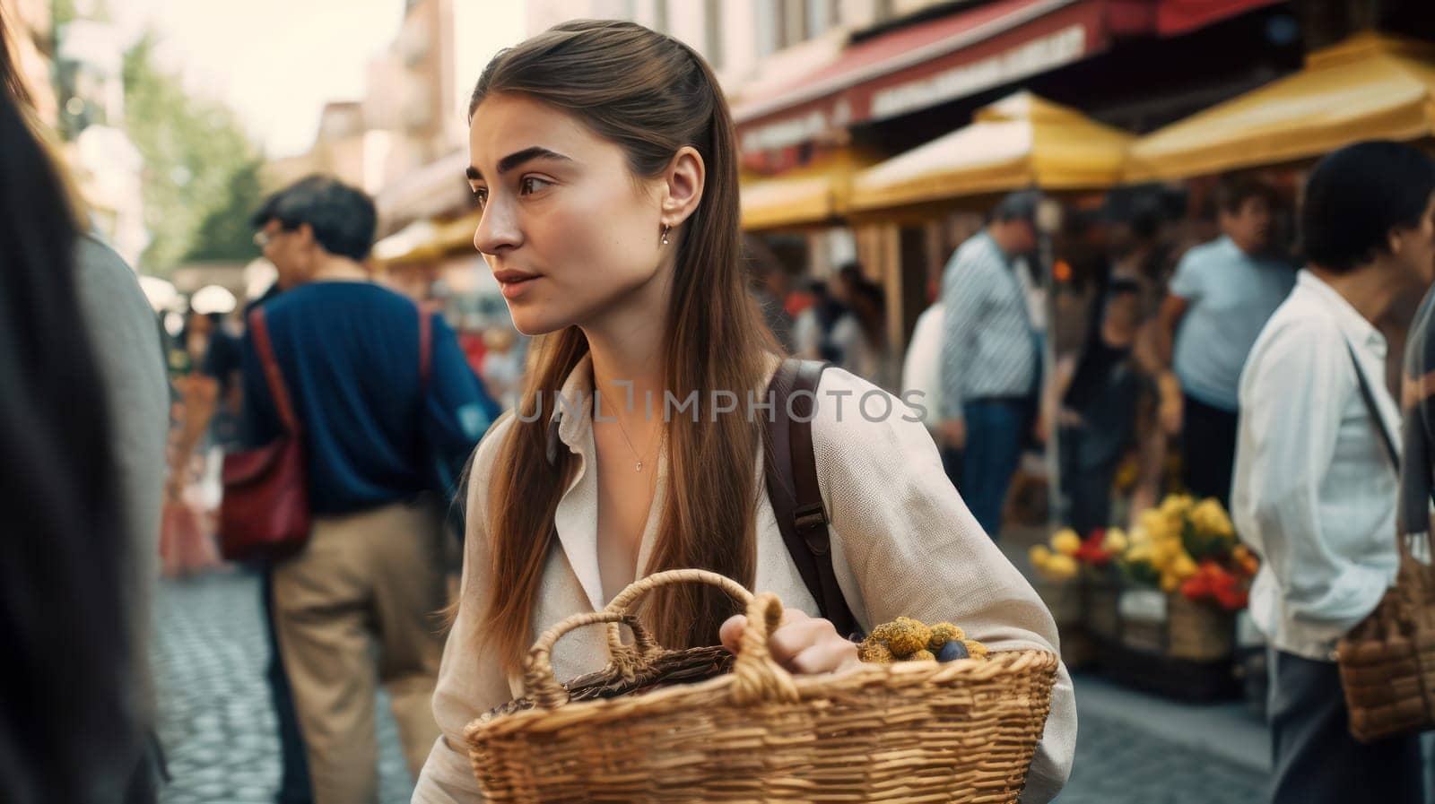 This photo captures the excitement of a crowded street market, as a 25-year-old woman explores the vendors and displays. She carries a woven basket and wears a denim jacket and white t-shirt, standing out among the colorful surroundings. The city's architecture provides a stunning backdrop, with tall buildings and classic lampposts visible in the distance. The scene is full of energy, with people chatting and vendors calling out their wares.