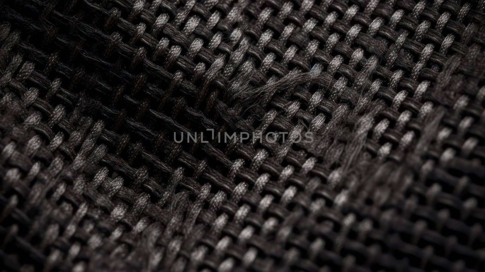 This macro photograph showcases the intricate details of a black silk background with a wicker pattern. The texture is beautifully captured with hyper-realistic details and high contrast. Shot on a 70mm lens with a shallow depth of field, the image has a cinematic quality with beautifully color-graded tones. The photo is a stunning example of editorial photography and can be used for a variety of design projects.