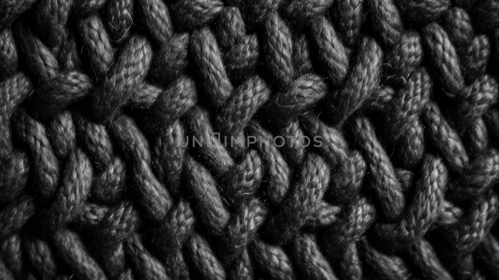This photo showcases a close-up macro texture of black wool textile material with an intricate wicker pattern, shot from a top-down perspective. The photo is expertly color-graded and the details are hyper-realistic, making the texture appear as though it can be touched. The lighting is moody and accentuates the shadows and roughness of the material, creating a cinematic and dramatic effect. Shot on a 70mm lens with an ultra-wide angle and high-resolution capabilities, the image is perfect for editorial photography, CGI, VFX, and SFX applications.