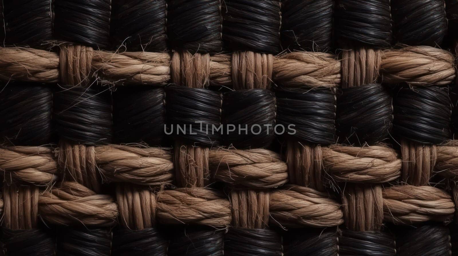 This photograph showcases the intricate details of a black straw textile material with a wicker pattern. Taken from a top view perspective, the macro shot captures the hyper-detailed texture of the material, revealing its beauty in a stunningly intricate way. The use of color grading and lighting adds to the cinematic feel of the image.