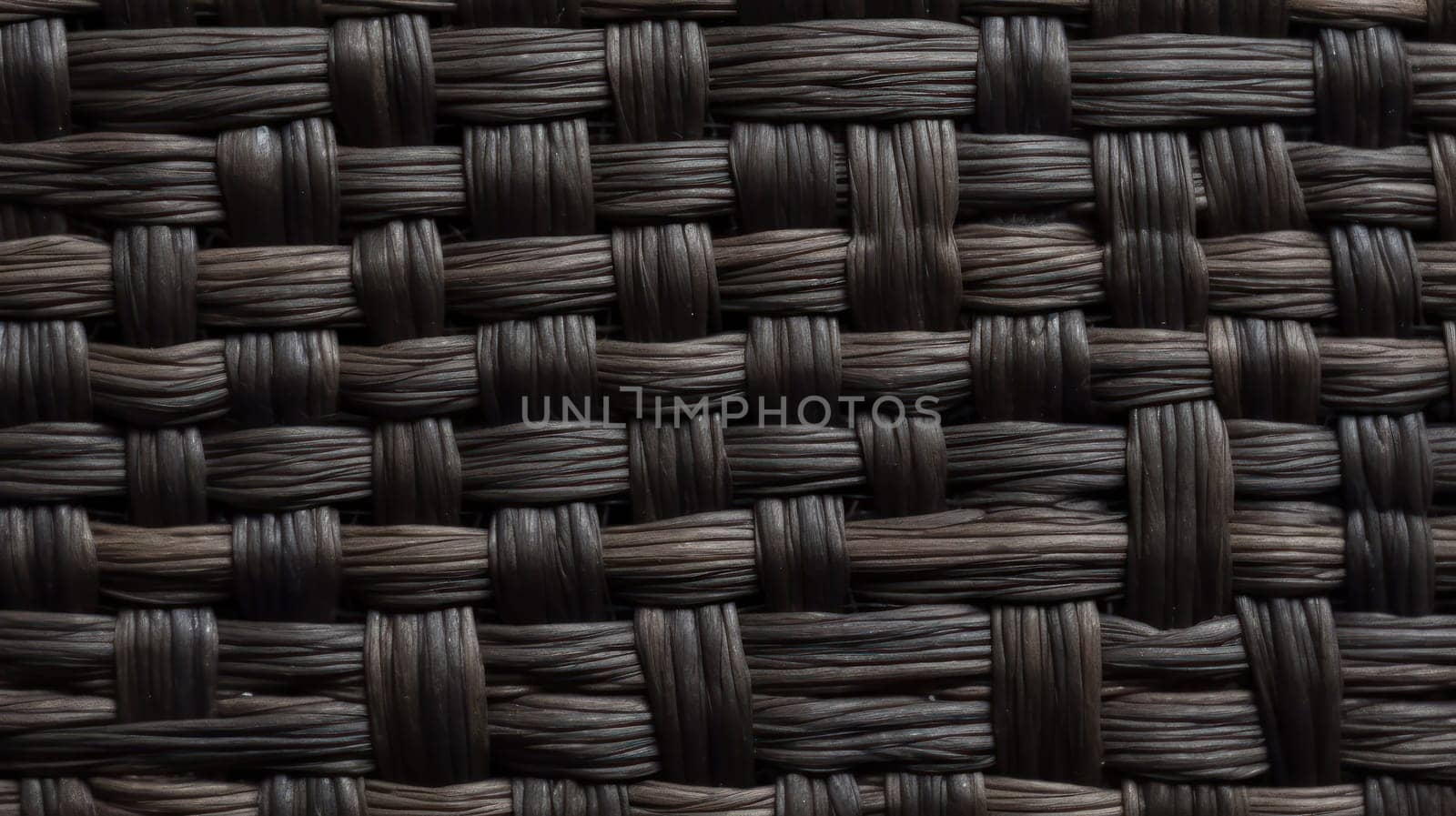 This macro photograph showcases an intricate wicker pattern woven into a black straw textile material. The top-down view captures the details and texture of the material with stunning clarity, making it a perfect image for design inspiration or artistic expression.