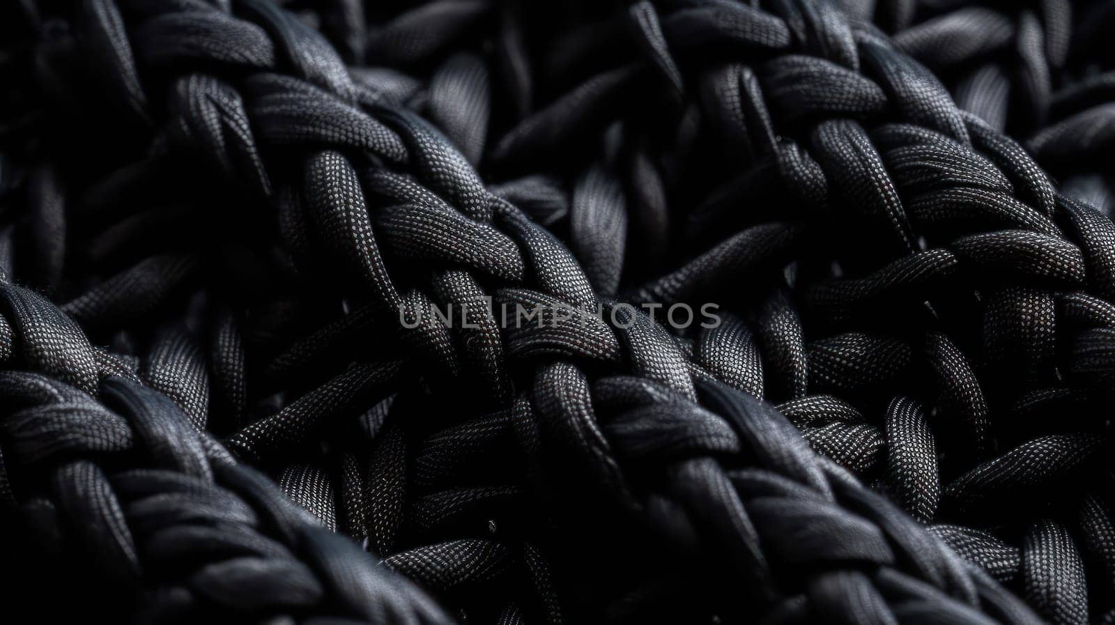 This photo showcases the intricate texture of silk fabric in black color, with a wicker pattern visible in macro view. Shot from above, the image features hyper-detailed and hyper-realistic elements, thanks to its incredible 8K resolution and stunning depth of field. The use of cinematic color grading and lighting techniques enhances the elegance and beauty of this textile, while also creating a mood of loneliness and isolation.