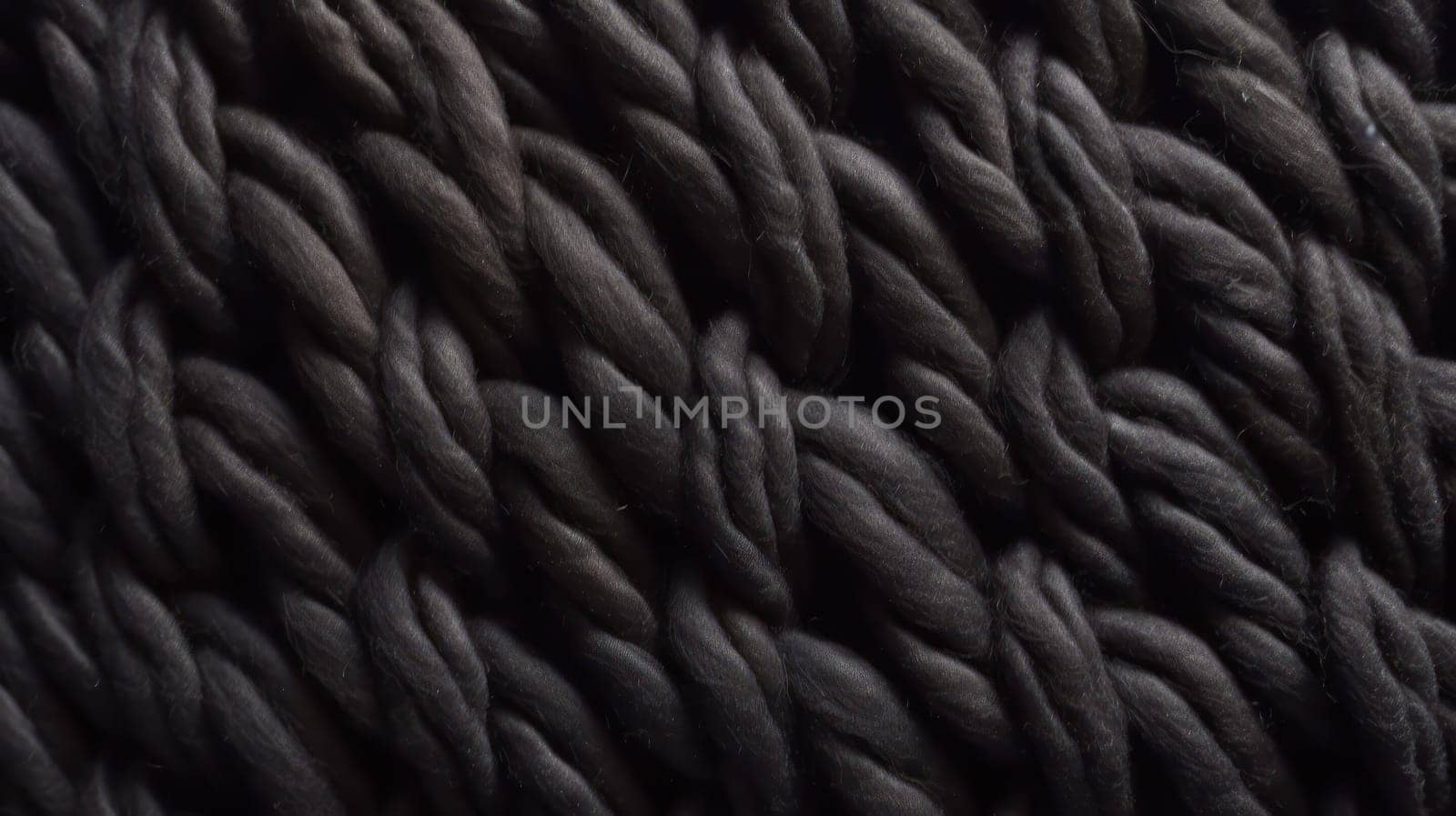 This macro photograph captures the intricate details of a black wool textile material with a wicker pattern. Shot from a top view, the texture and pattern of the wool are highlighted in high resolution, providing an incredibly detailed and hyper-realistic portrayal of the material.