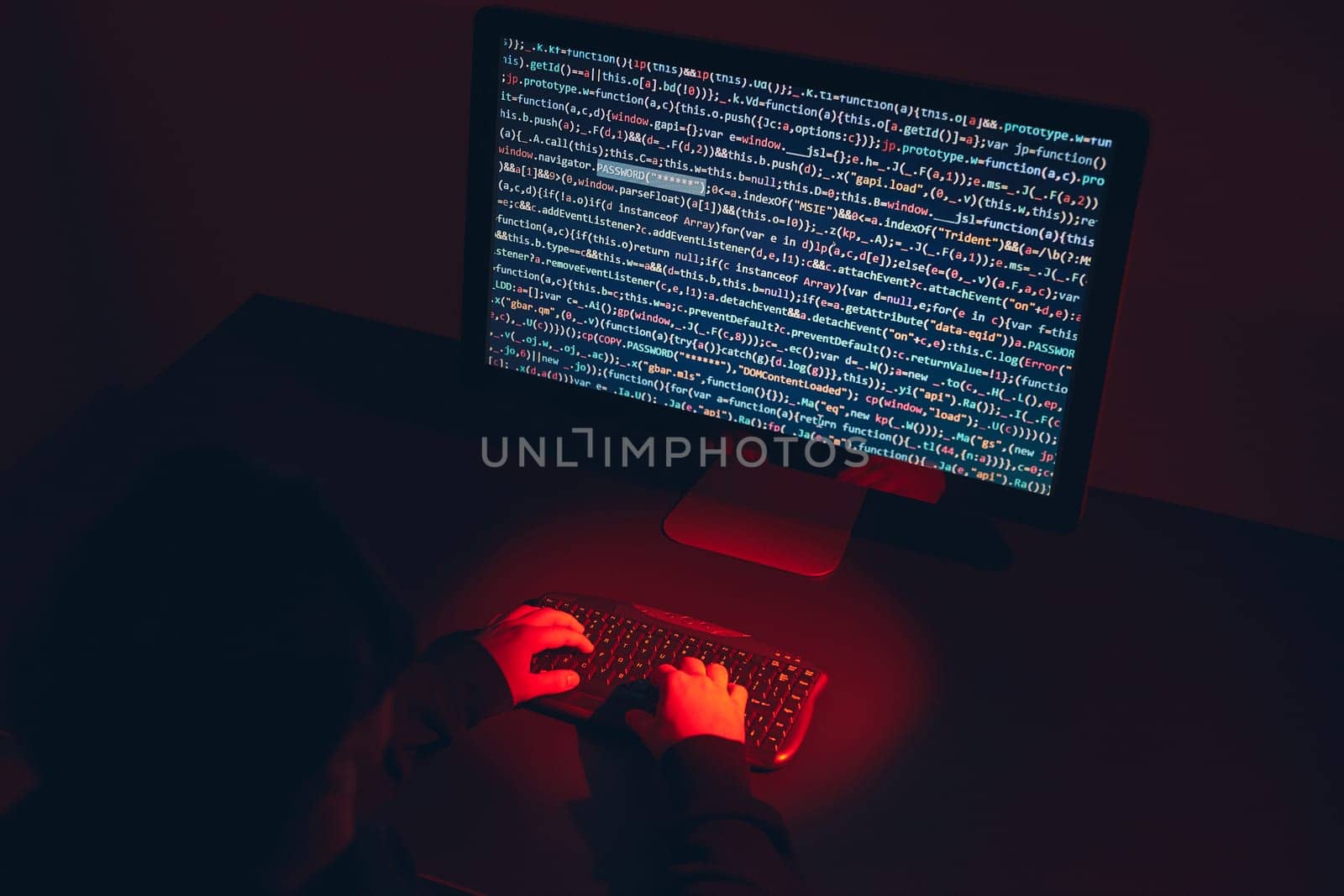 Man using computer and programming  to break code. Cyber security threat. Internet and network security. Stealing private information. Person using technology to steal password and private data. Cyber attack crime