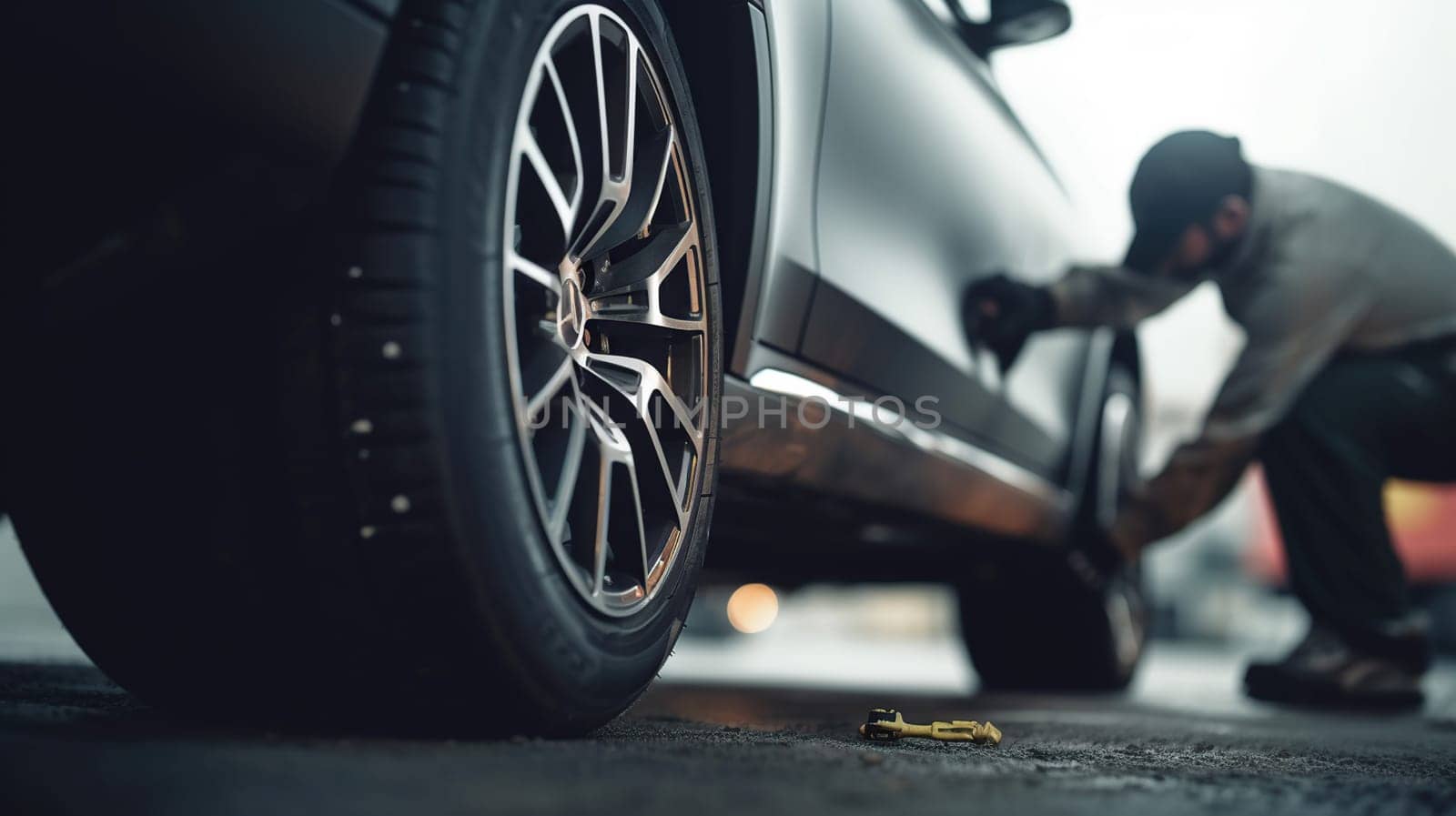 Mechanic checking tire tread depth and wear using a tire gauge, generative ai