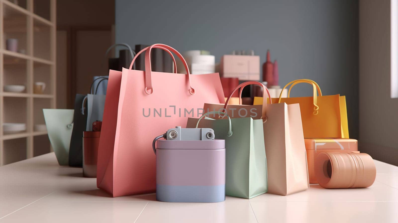 Shopping bags like electronics, shoes, cosmetics. Shopping business concept, 3d illustration, generative ai