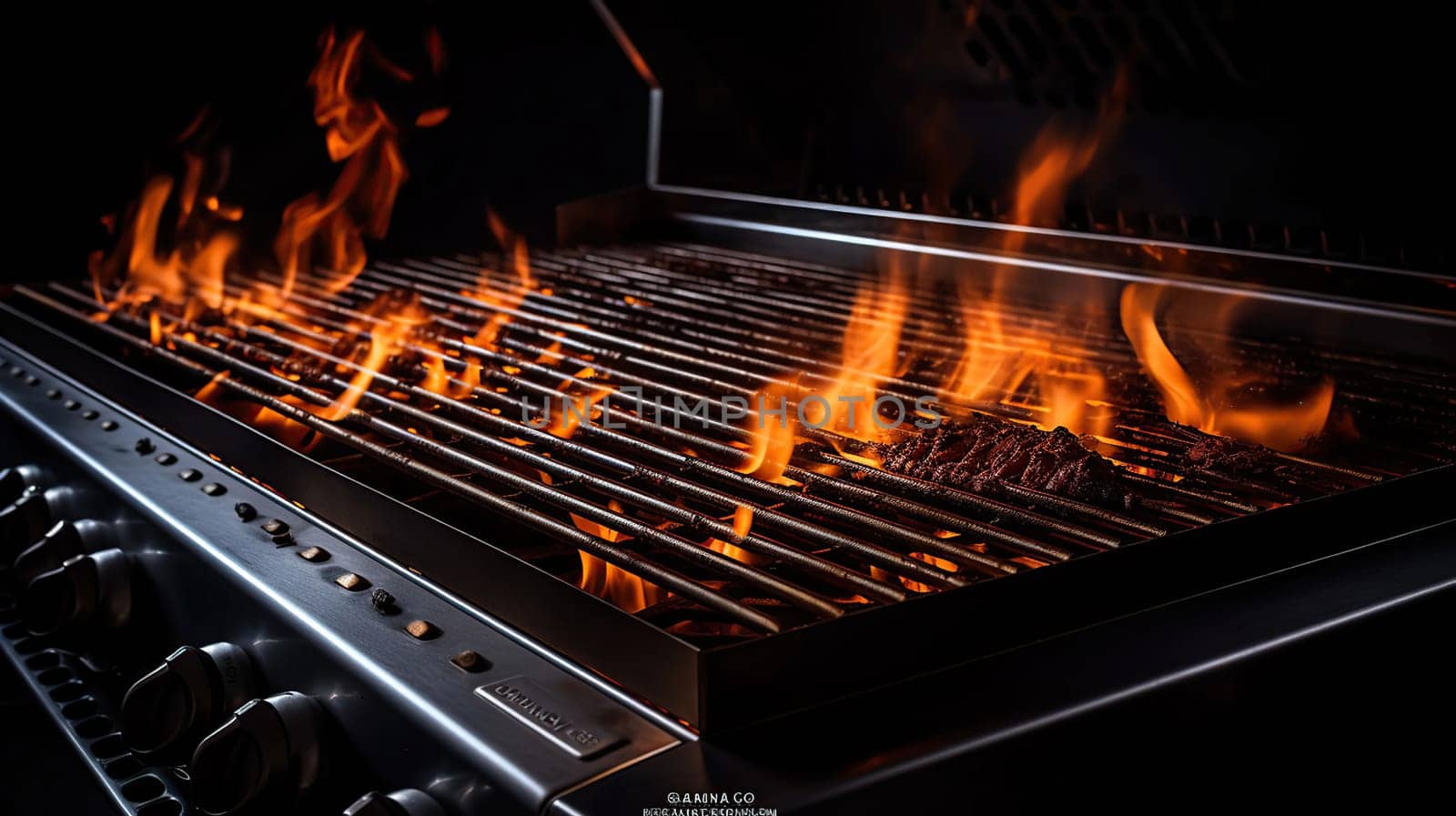 Barbecue Grill With Fire Flames - Empty Fire Grid On Black Background, , generative ai
