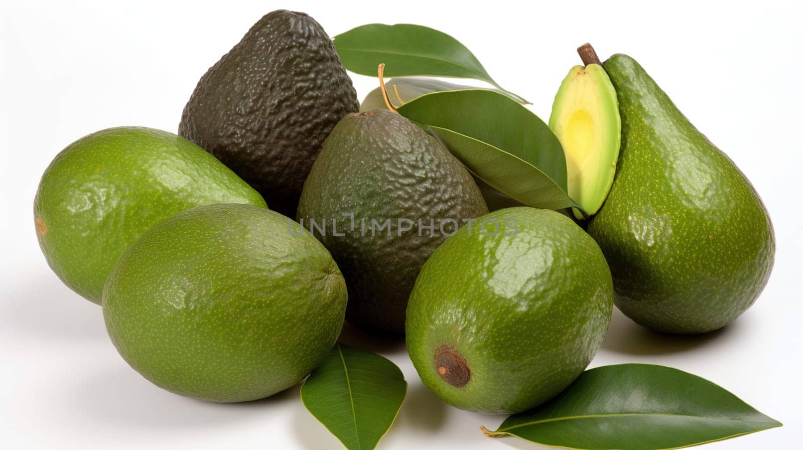 Fresh avocados and leaves isolated on white, generative ai