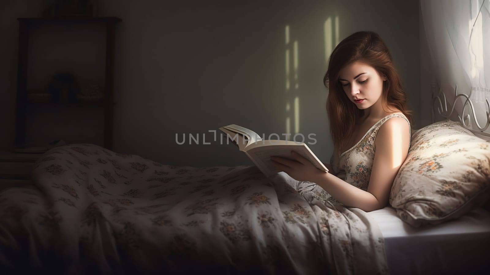 Morning of young woman reading book in bed, generative ai