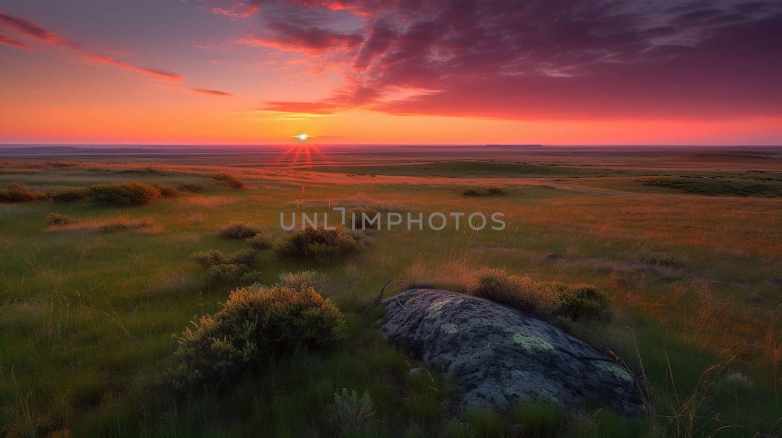 Sunset on the horizon over a vast landscape, grasslands national park, generative ai