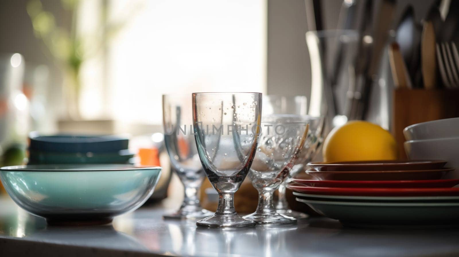 Different clean dishware, cutlery and glasses on countertop near sink in kitchen, generative ai