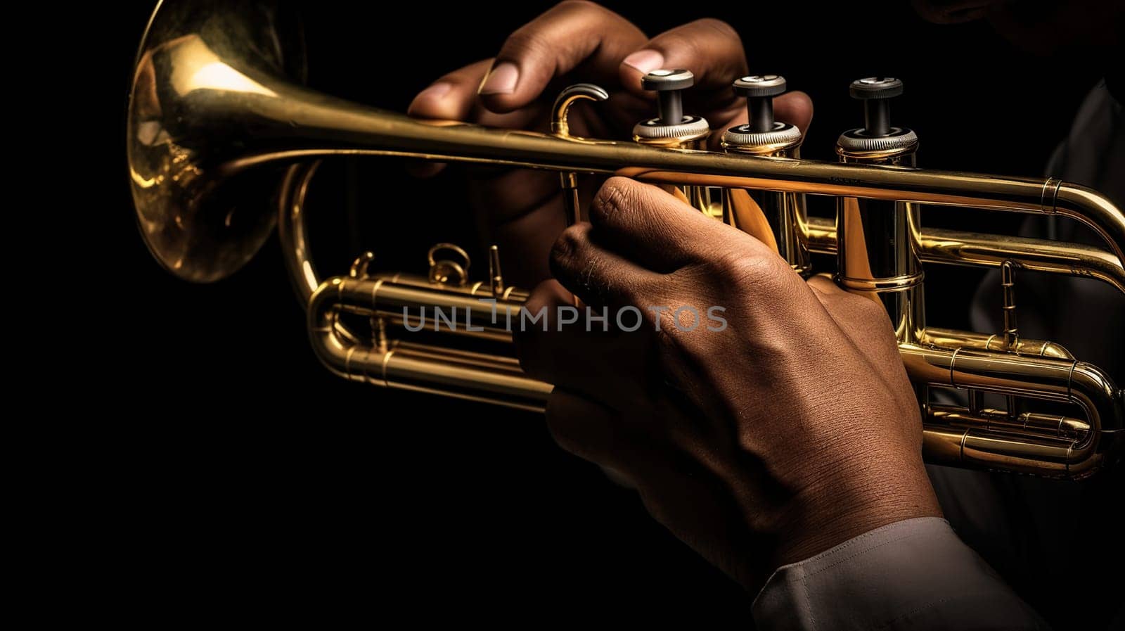 Trumpet instrument. Music player trumpeter jazz playing. Brass instrument cornet hands, generative ai