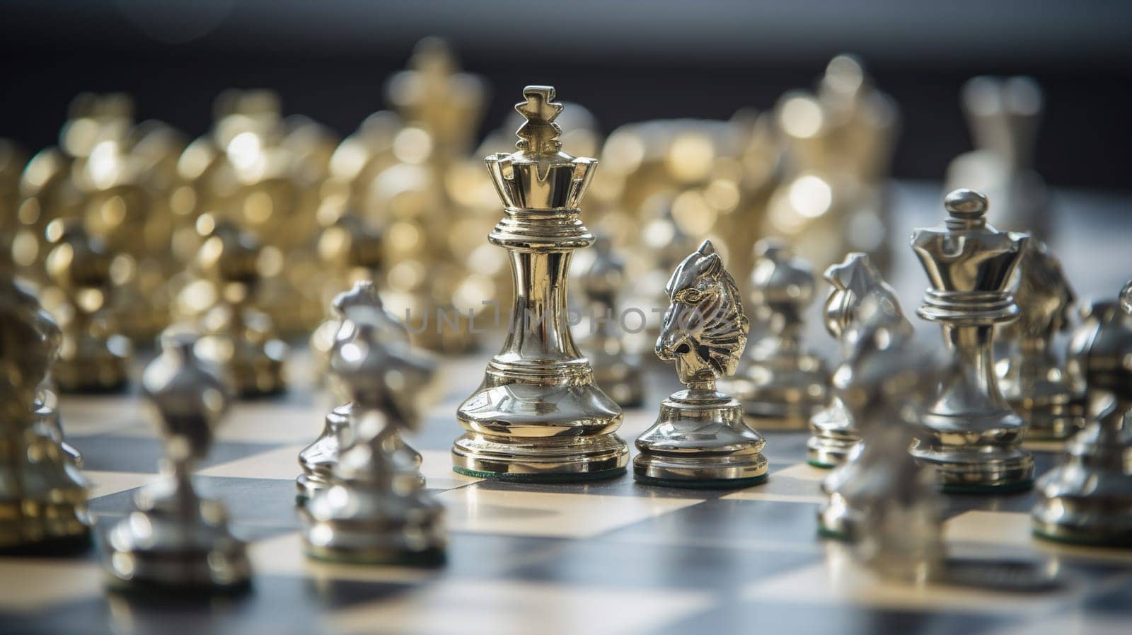 Gold queen chess surrounded by a number of fallen silver chess pieces, business strategy concept, generative ai