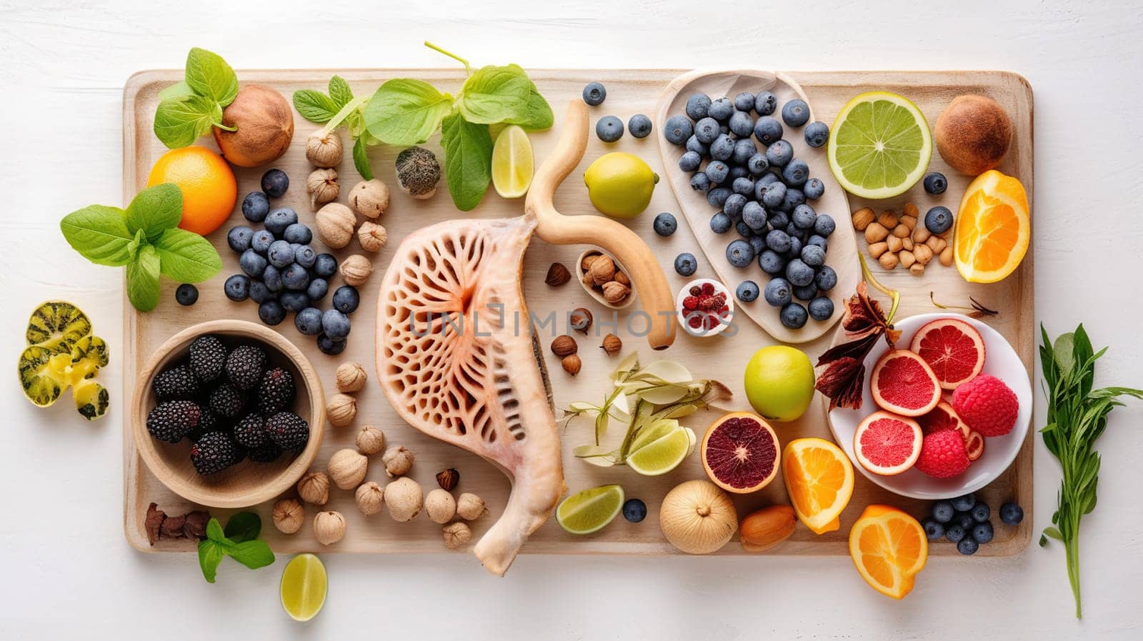 The best foods for healthy lungs and breathing. Assortment of natural products to boost lungs health with the inscription Healthy Lungs. Generative ai