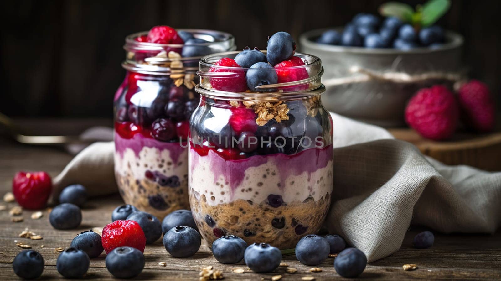 Healthy yogurt with fresh blueberries and raspberries. Banner with side border against a white wood background. Copy space, generative ai
