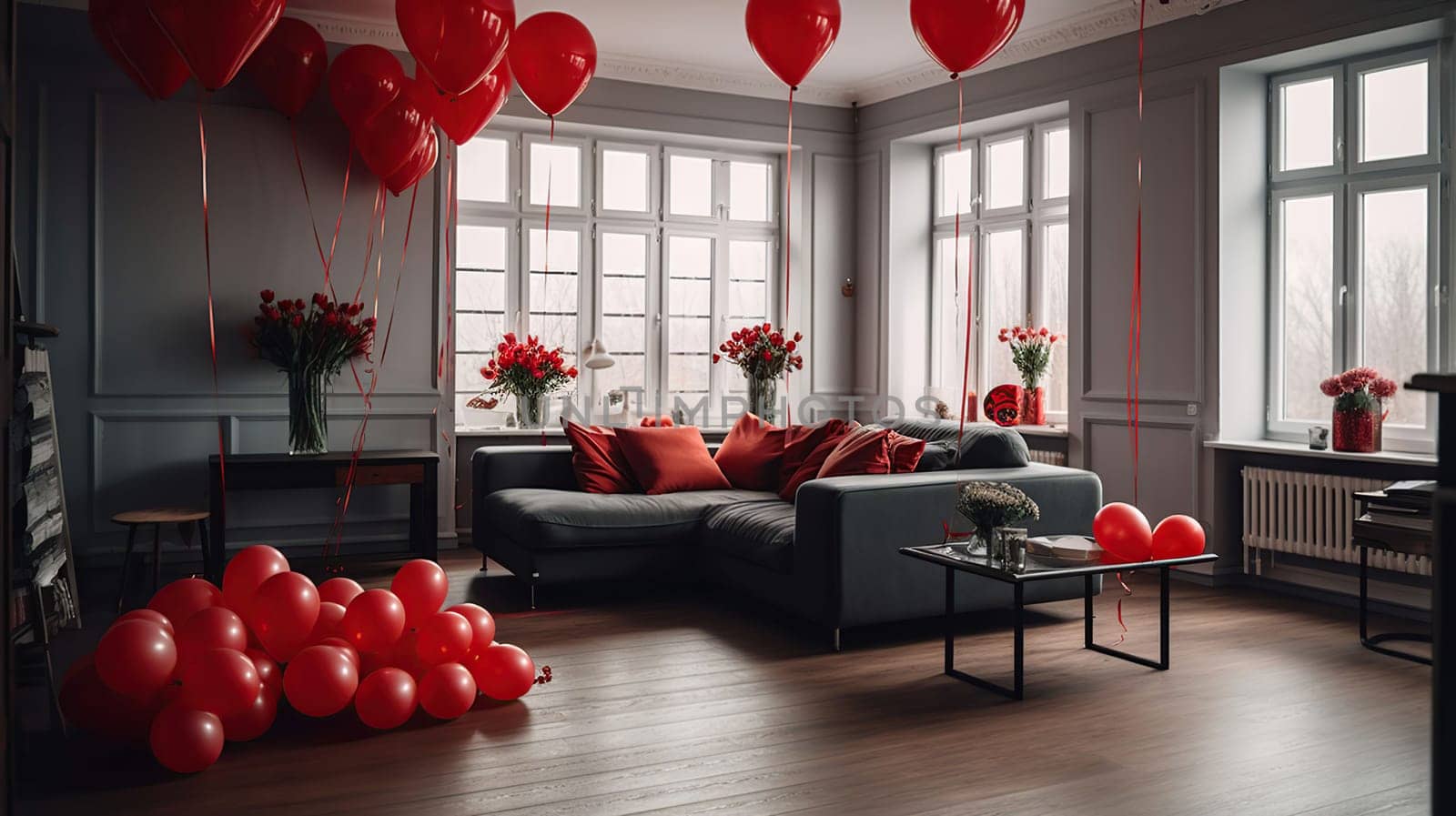 Interior of living room with sofa, tables and red balloons, for romantic couple, generative ai