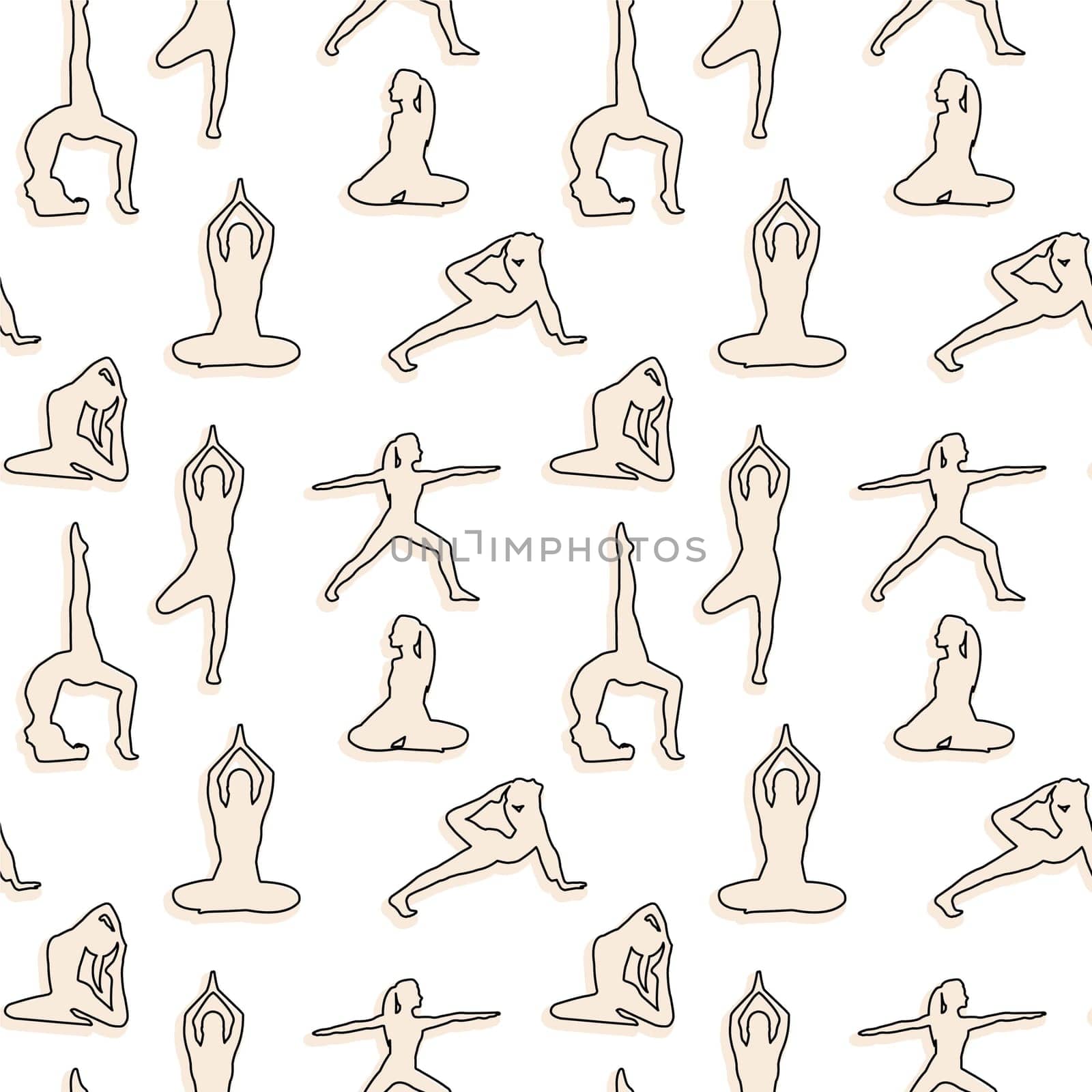 Seamless pattern with silhouettes of girls doing yoga. The concept of sports, mental health. Collection of stickers. Vector image.