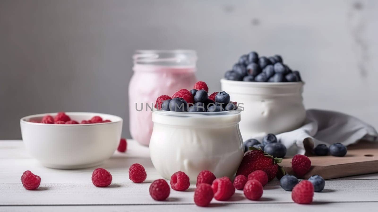 Healthy yogurt with fresh blueberries and raspberries. Banner with side border against a white wood background. Copy space, generative ai