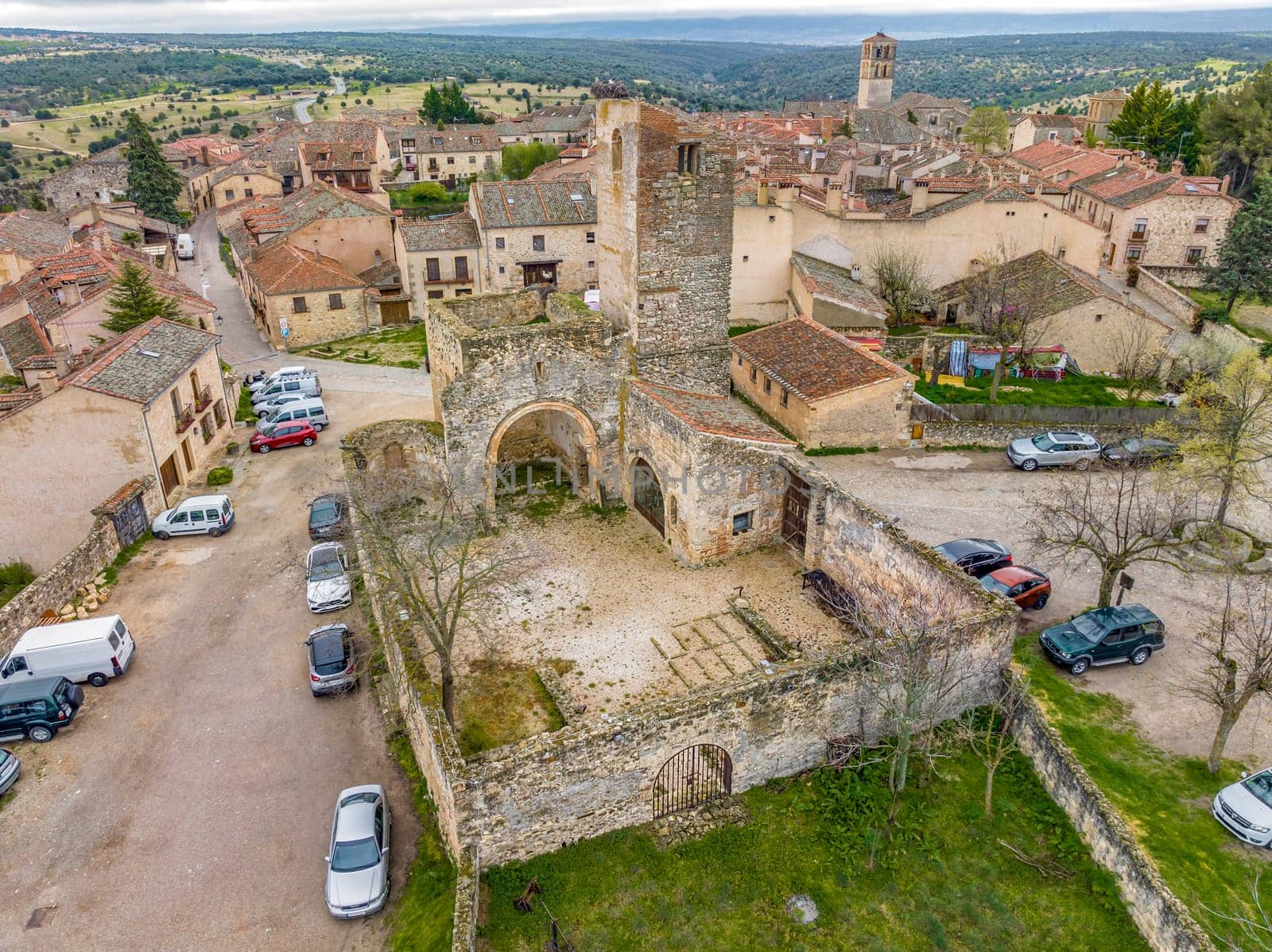 Medieval walled city of Pedraza in Segovia Ruins church Santa Maria Spain.