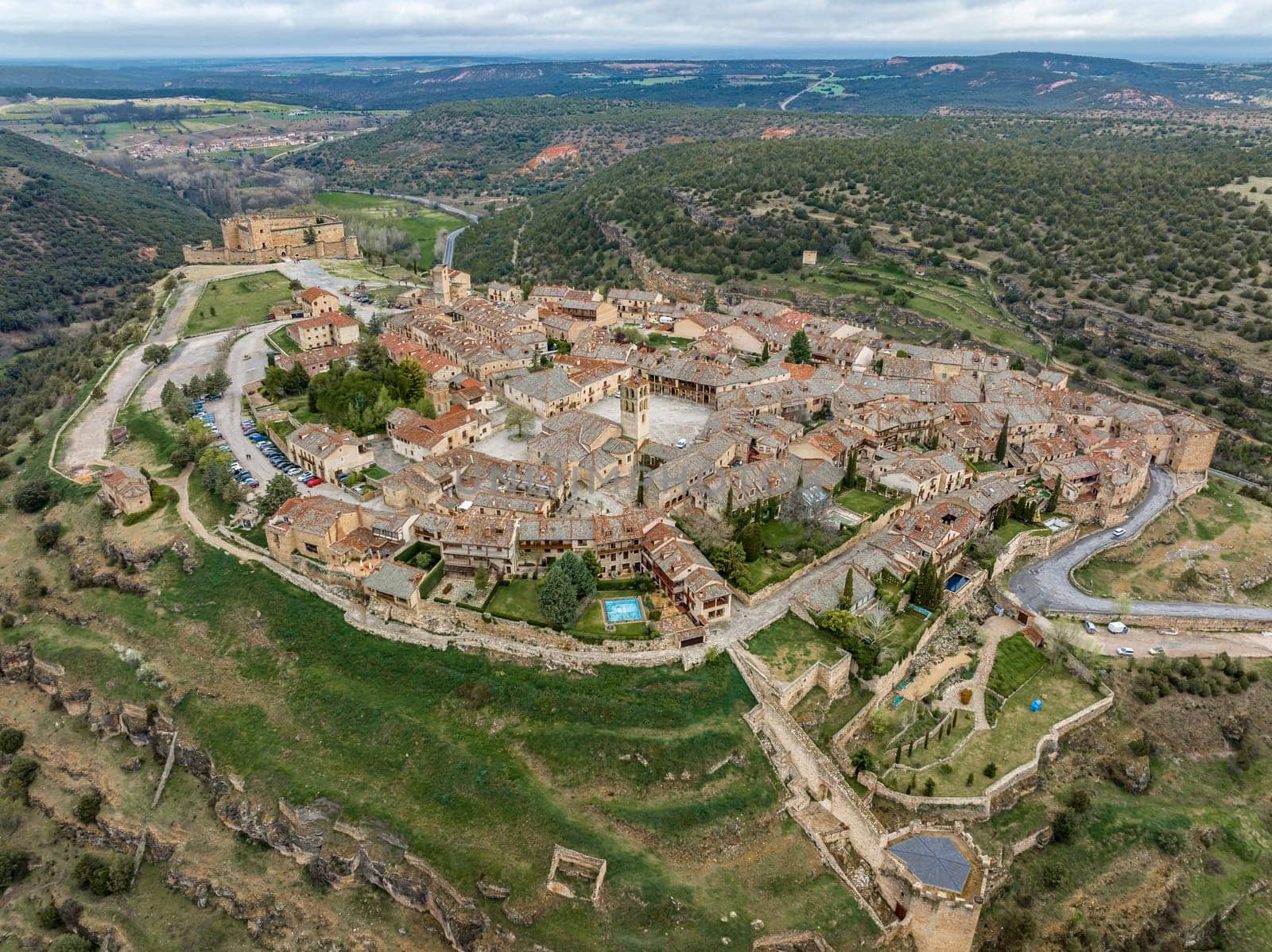 Medieval walled city of Pedraza in Segovia general panoramic aerial view south east