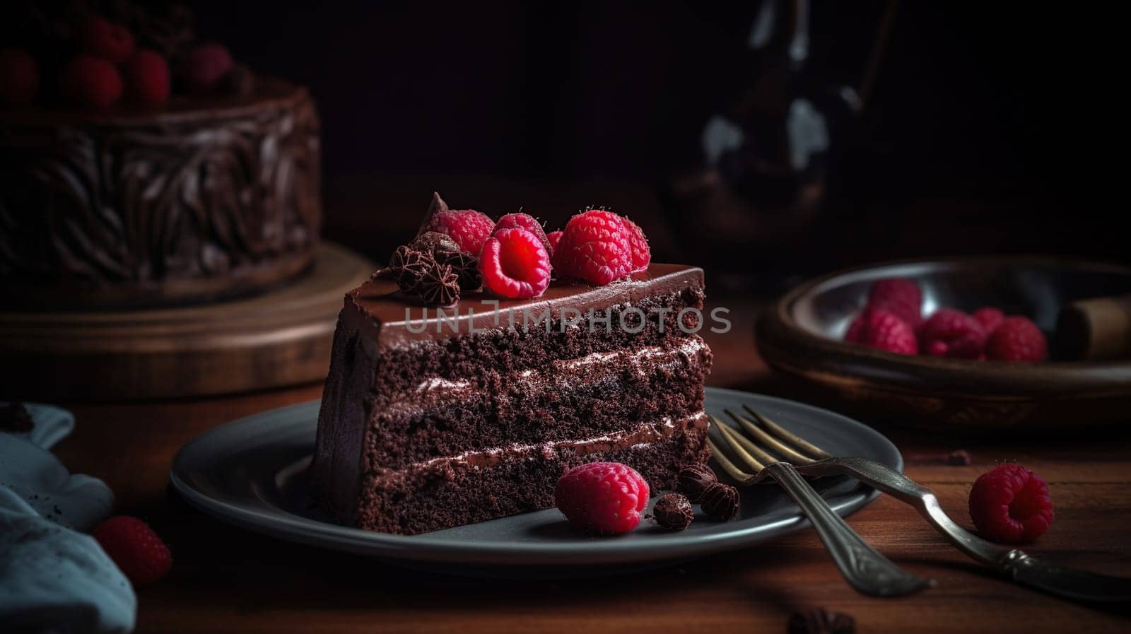 Chocolate cake with raspberry on plate. Slice of cake. Raspberry cake. Wedding dessert. Black forest cake. Delicious dessert. Generative ai