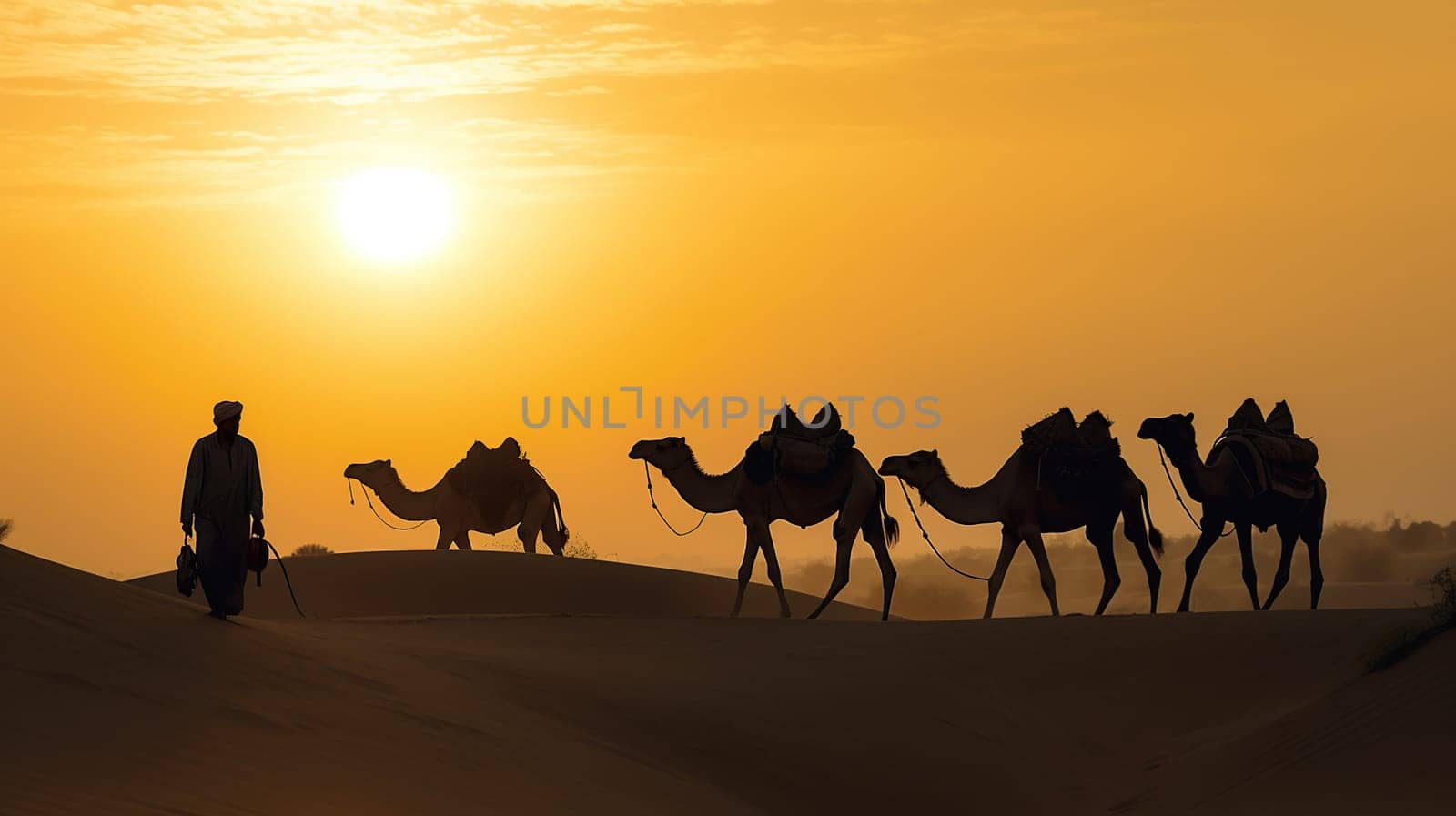 Indian cameleers bedouin with camel silhouettes in sand dunes of Thar desert on sunset. Caravan in Rajasthan travel tourism background safari adventure. Jaisalmer, Rajasthan, India, generative ai