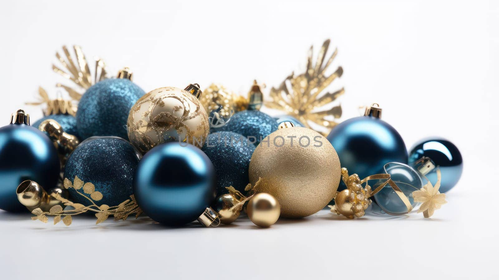 This photo features a beautiful display of blue and gold Christmas decorations arranged on a crisp white background, providing ample space for custom text.