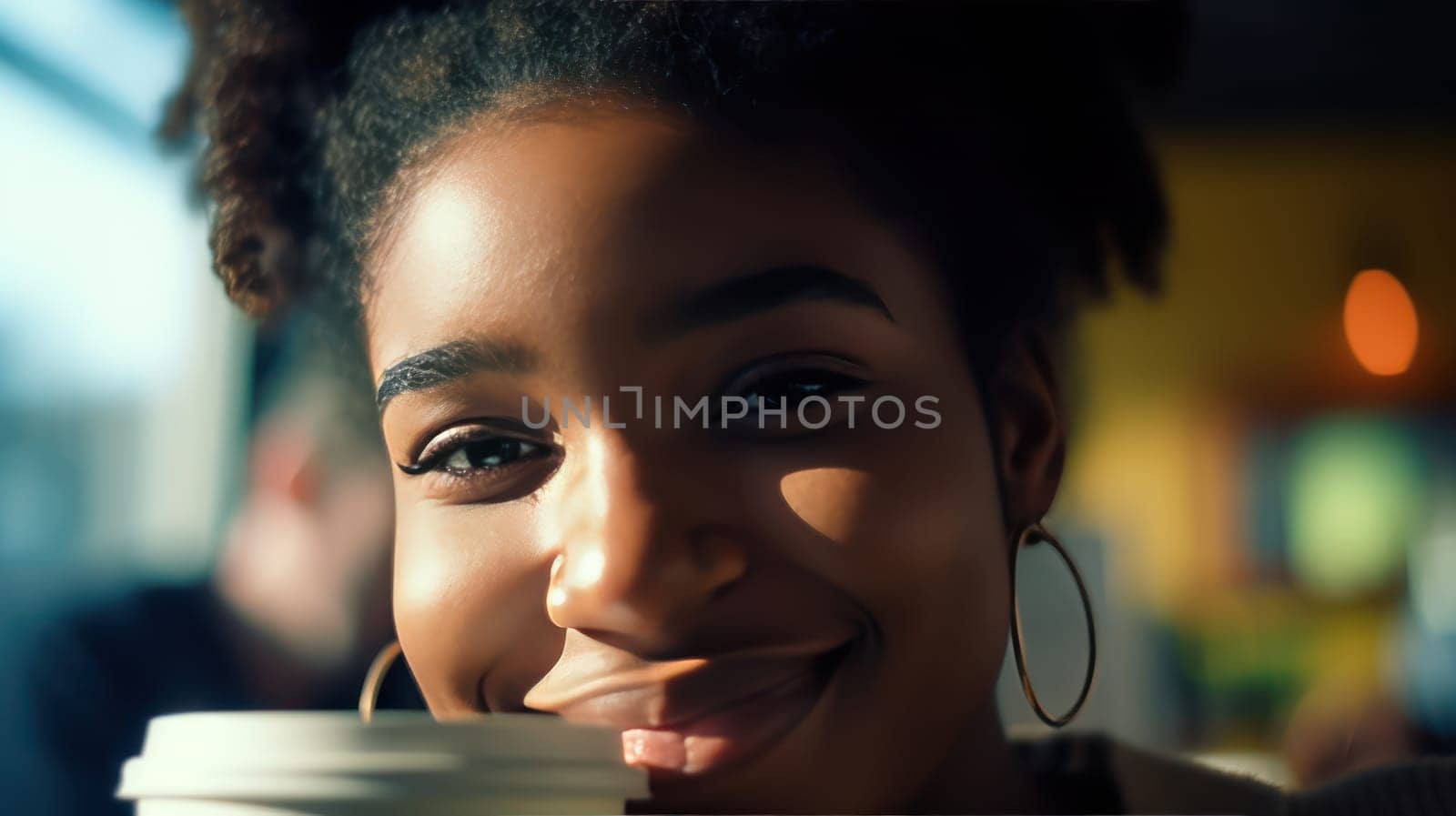 This portrait photo captures a moment of joy and relaxation as a pretty young black girl with freckles listens to music and sips fresh hot coffee at a cafe in Tokyo. The stunning sharpness and detail of her beautiful eyes draw the viewer's attention, enhanced by the use of a wide 28mm prime lens and beautiful sunlight. The photo also highlights her use of a reusable paper cup, reflecting her environmental consciousness.