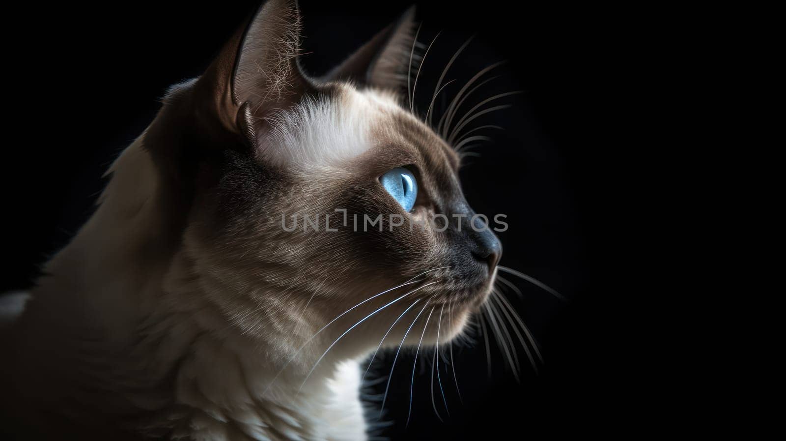 This stunning profile photo captures the regal and elegant presence of a Siamese cat with bright blue eyes. The soft fur and delicate features of the cat are highlighted in this close-up shot, creating a sense of intimacy and admiration for this beautiful feline.