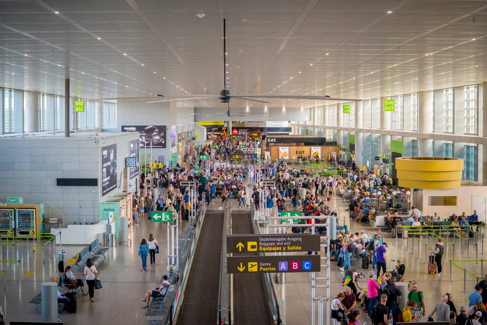 Malaga, Spain, April 2023: High angle view on the departure gates at Malaga Airport