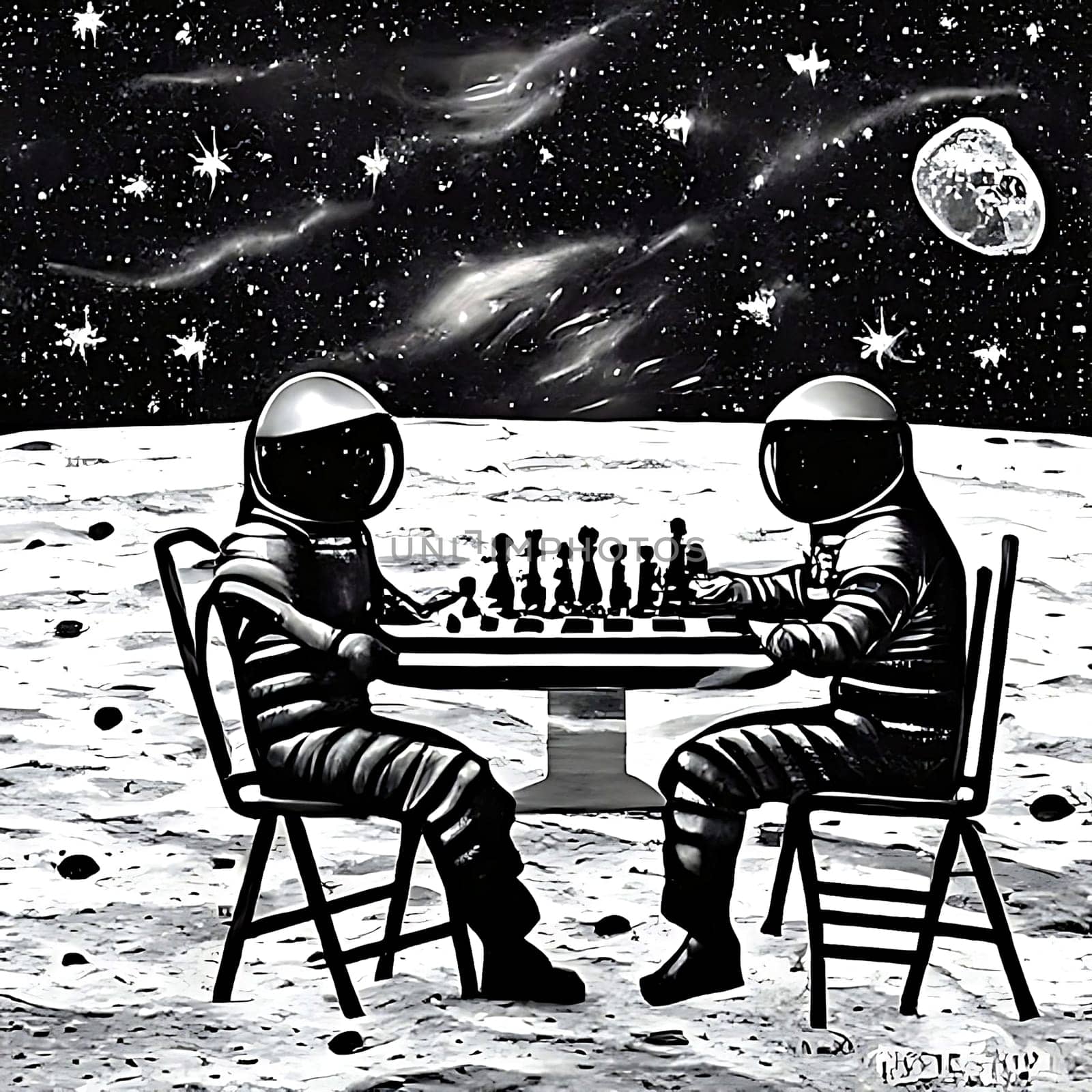 Two astronauts seated in modern chairs seats about to start a game of chess on the moon with the Earth in the background. Black and white AI generated.