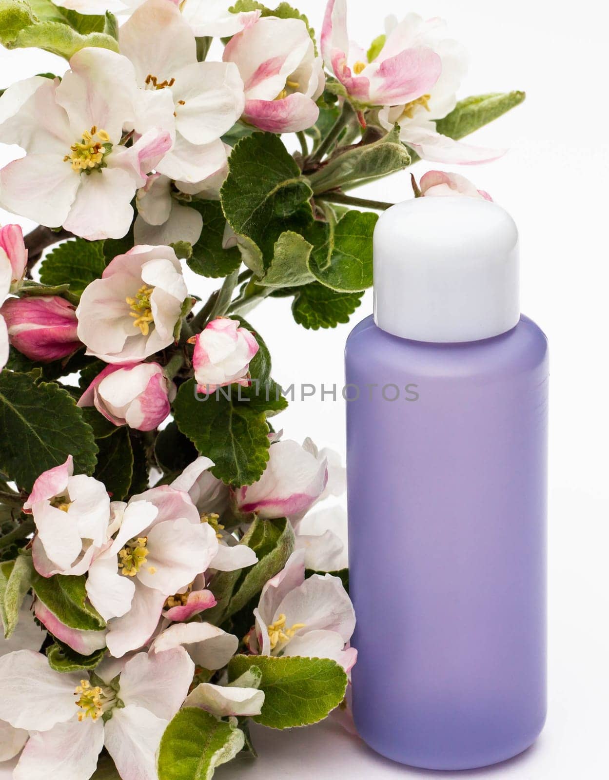 Lilac cosmetic bottle with pear flowers on a white background. Natural organic cosmetics concept