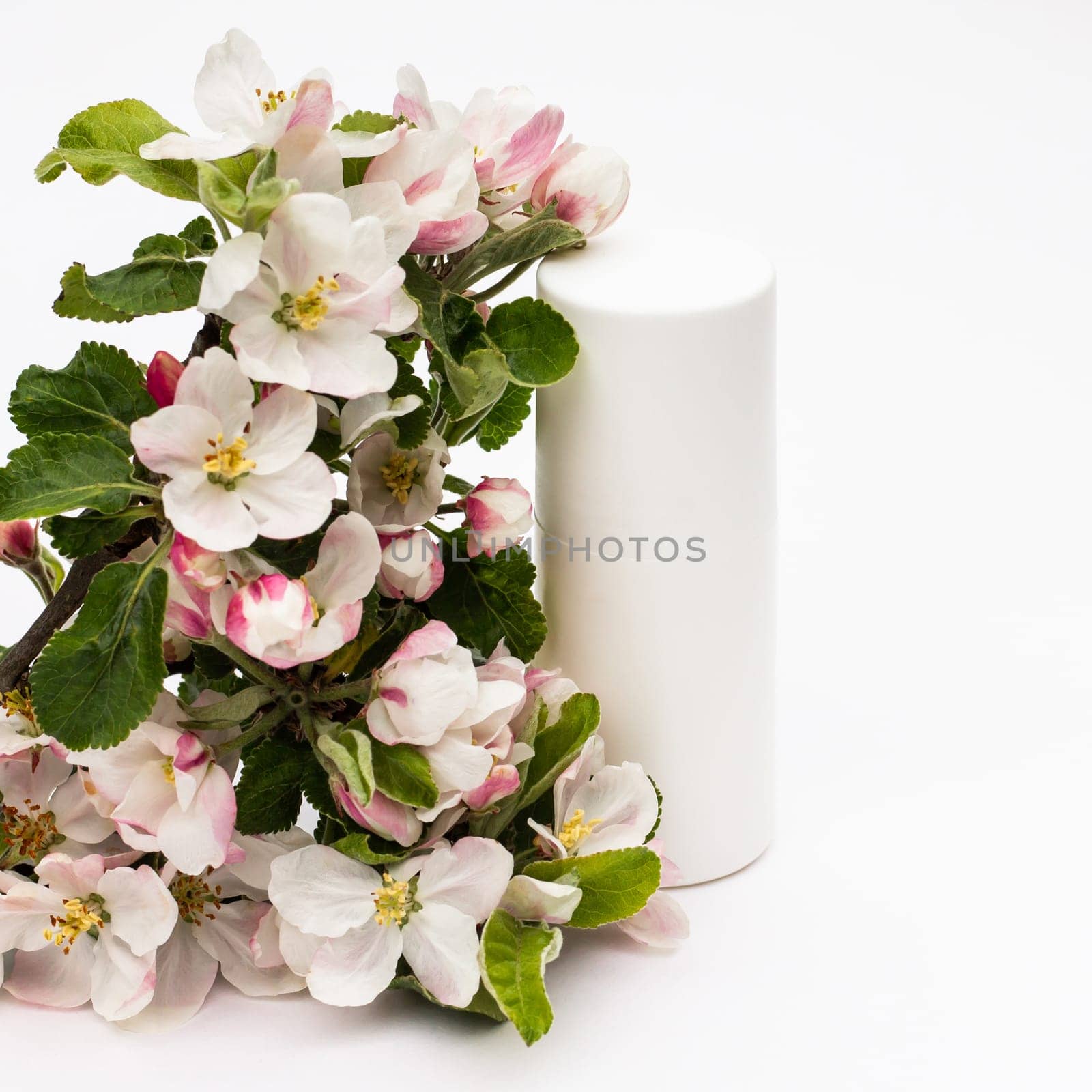 White cosmetic bottle with pear flowers on a white background. Natural organic cosmetics concept