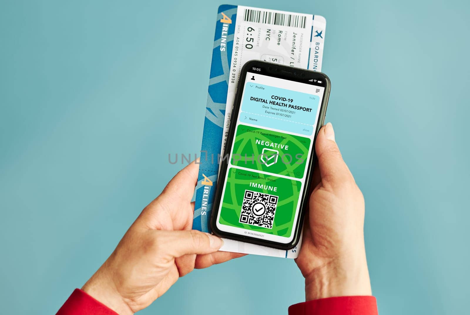 Digital covid certificate. Covid negative rapid digital test pass. Woman passenger holding digital medical pass on her mobile phone and airplane ticket. Traveler showing digital covid test result as medical pass for travel during covid-19 pandemic