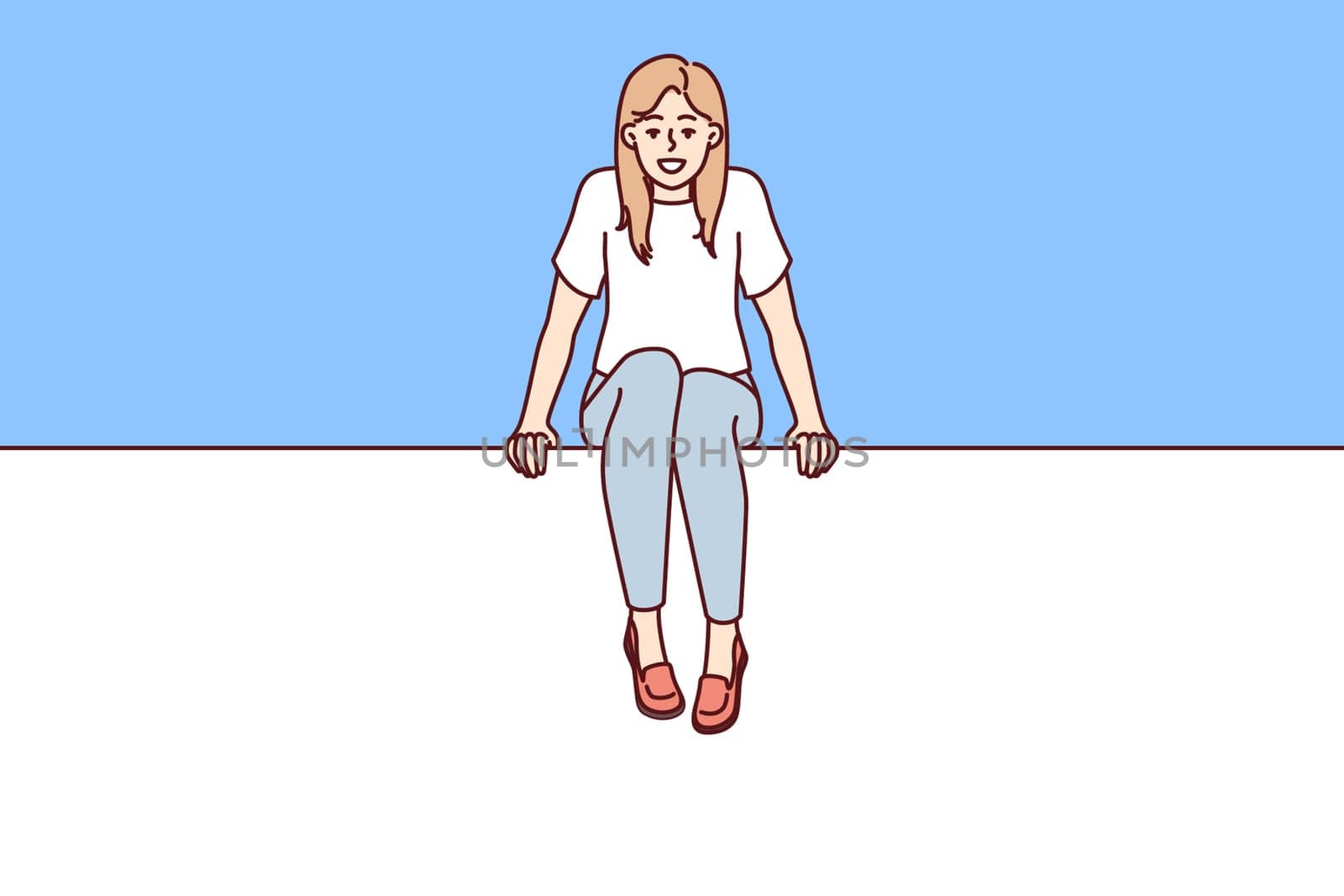 Young woman sits on blank billboard designed to advertise or promote marketing campaign. Positive student girl sits with legs dangling on large billboard calling for attention to advertisement