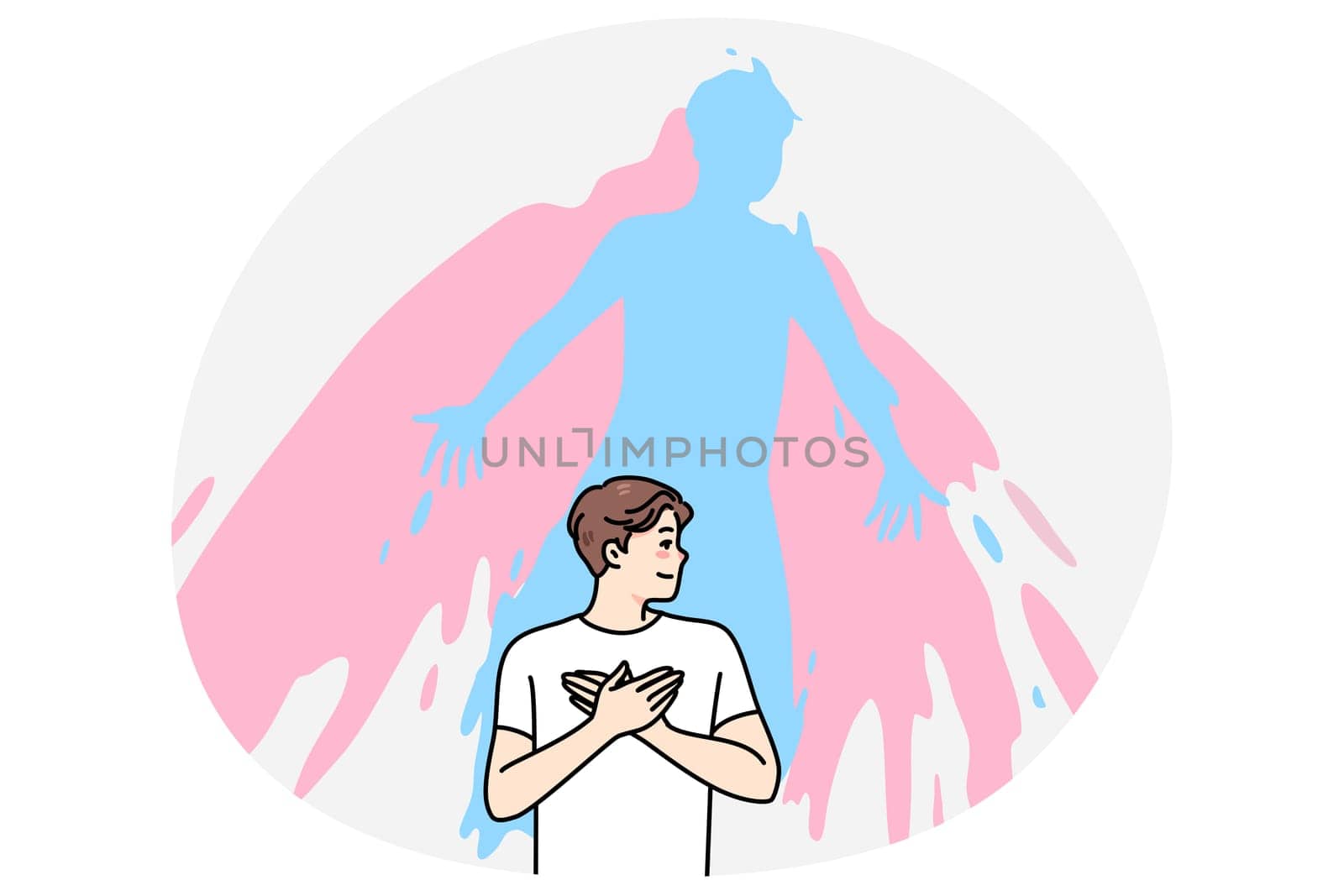 Spiritual male believer during esoteric or religious practice. Soul rising and leaving human body. Concept of spirit separation and liberation. Religion and faith. Flat vector illustration.
