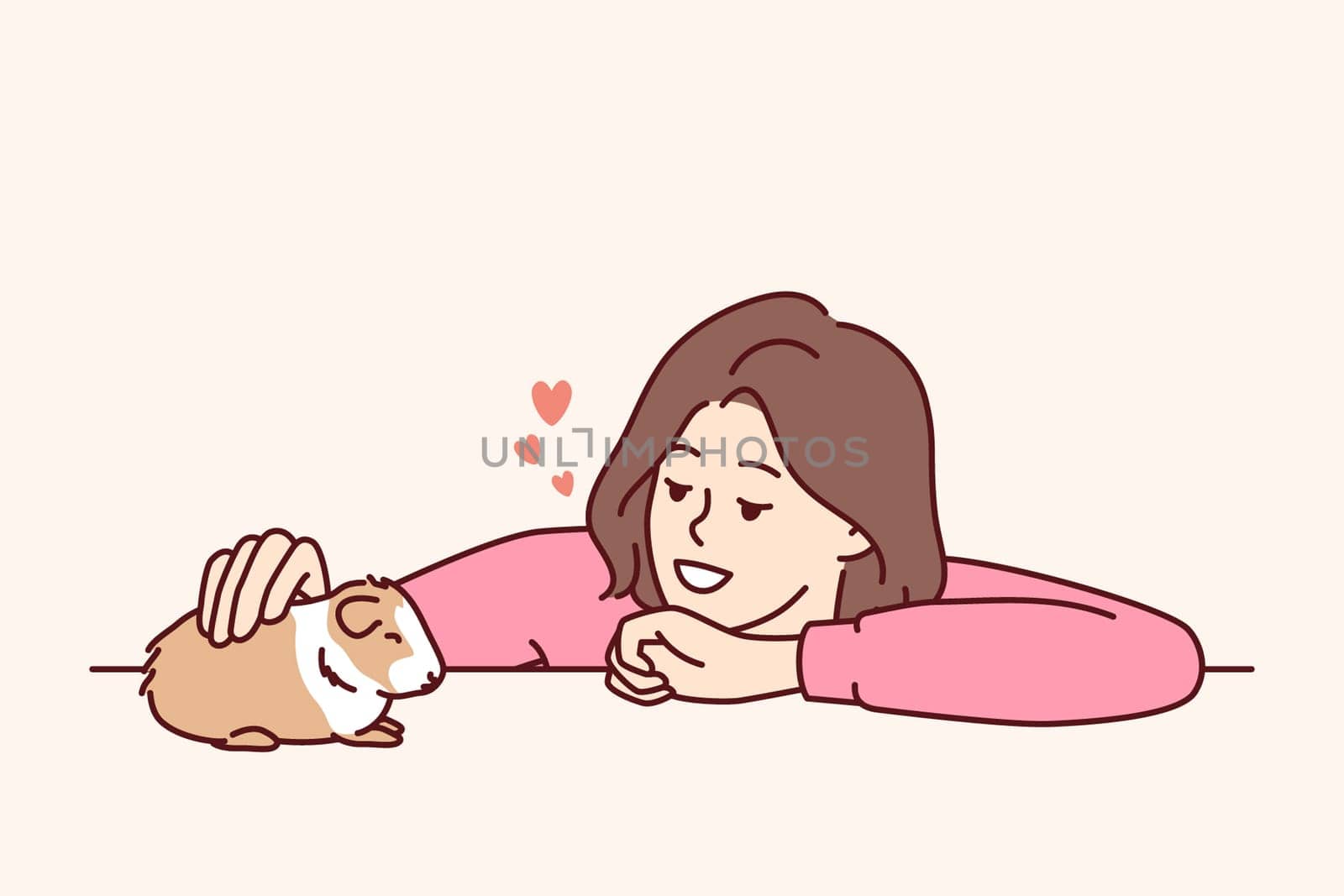 Caring woman pets guinea pig or hamster enjoying companionship of cute pet given to by parents or boyfriend. Young kind girl takes care of guinea pig doing grooming and admiring friendly pet