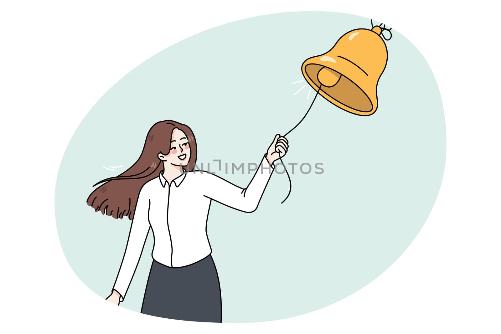 Smiling young woman ring bell for social media notification. Happy girl subscribe get reminder for news or messages online. Subscription and internet communication. Flat vector illustration.