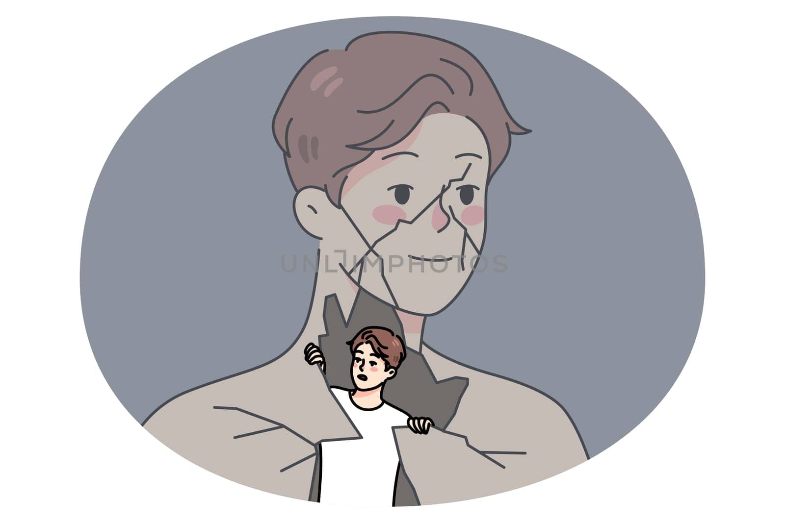 Anxious man feel nervous showing or releasing himself to world. Unhappy scared guy suffer from mental psychological problems. Psychotherapy and counseling. Vector illustration.