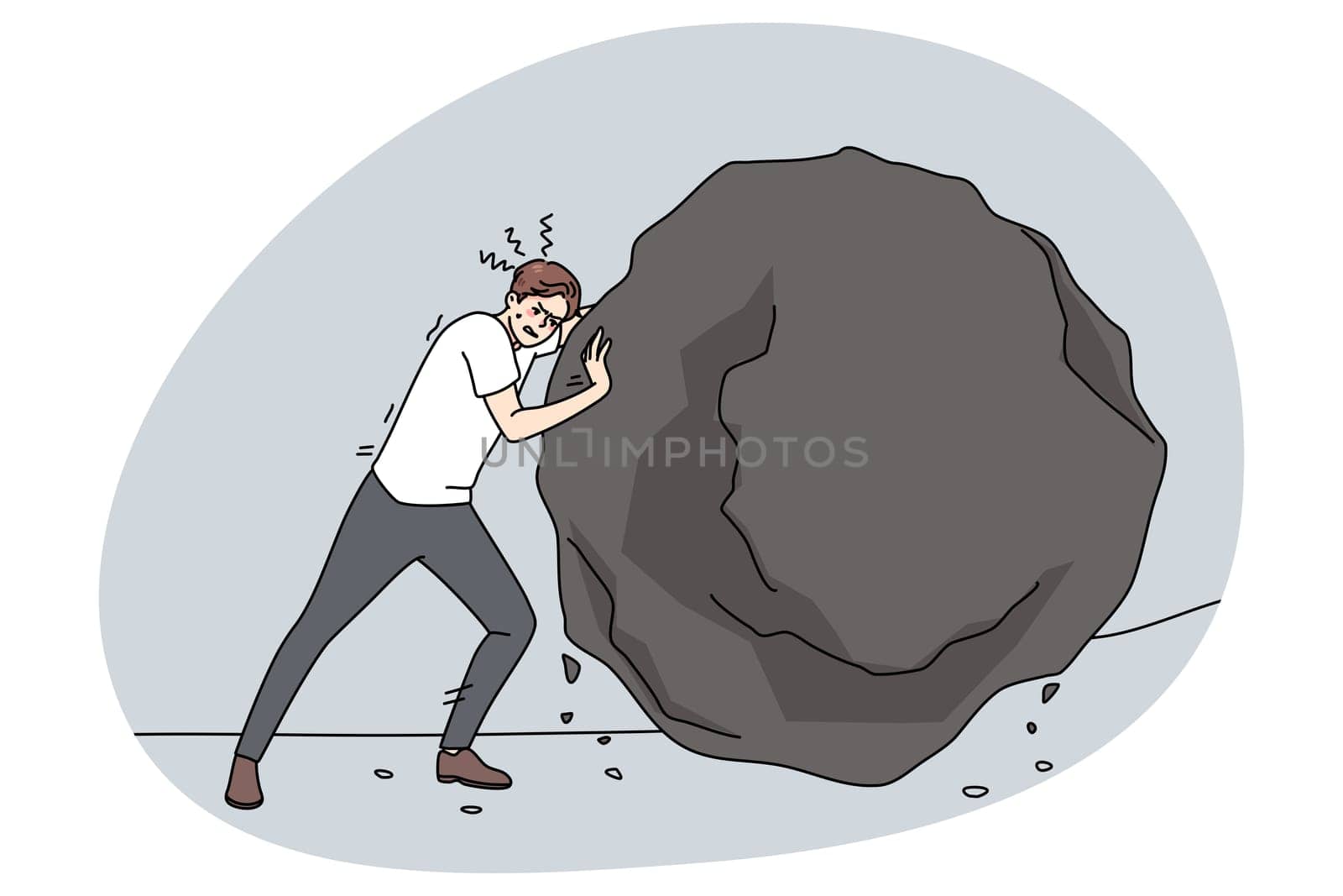 Ambition strong businessman push huge stone reach achieve business goals. Man employee pushing heavy rock or boulder. Obstacles and challenge at work. Flat vector illustration.