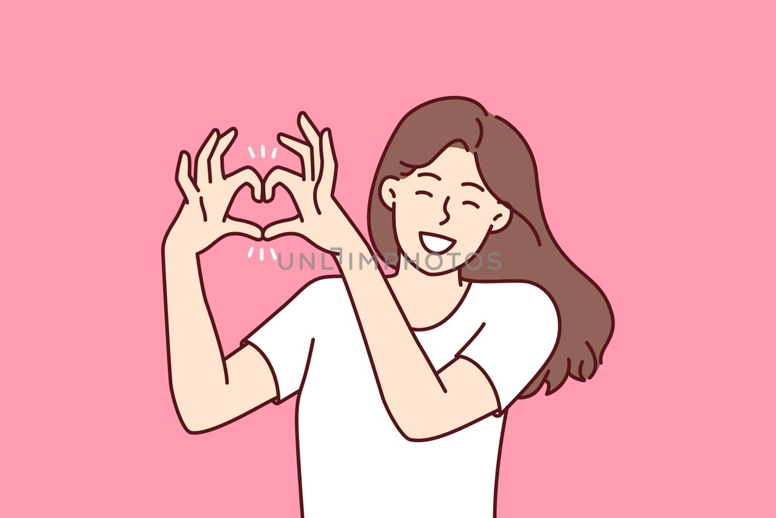 Woman demonstrates gesture of heart made of fingers flirting with boyfriend or beloved husband calling for love and being romantic. Girl shows heart with hands to call for kindness and mercy.